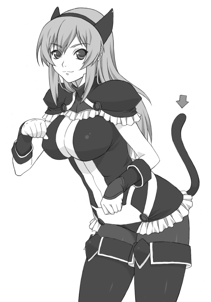 shichimenchou, fatina, druaga no tou, 1girl, breasts, cat tail, female focus, gothic lolita, greyscale, lolita fashion, monochrome, pantyhose, simple background, solo, tail, white background