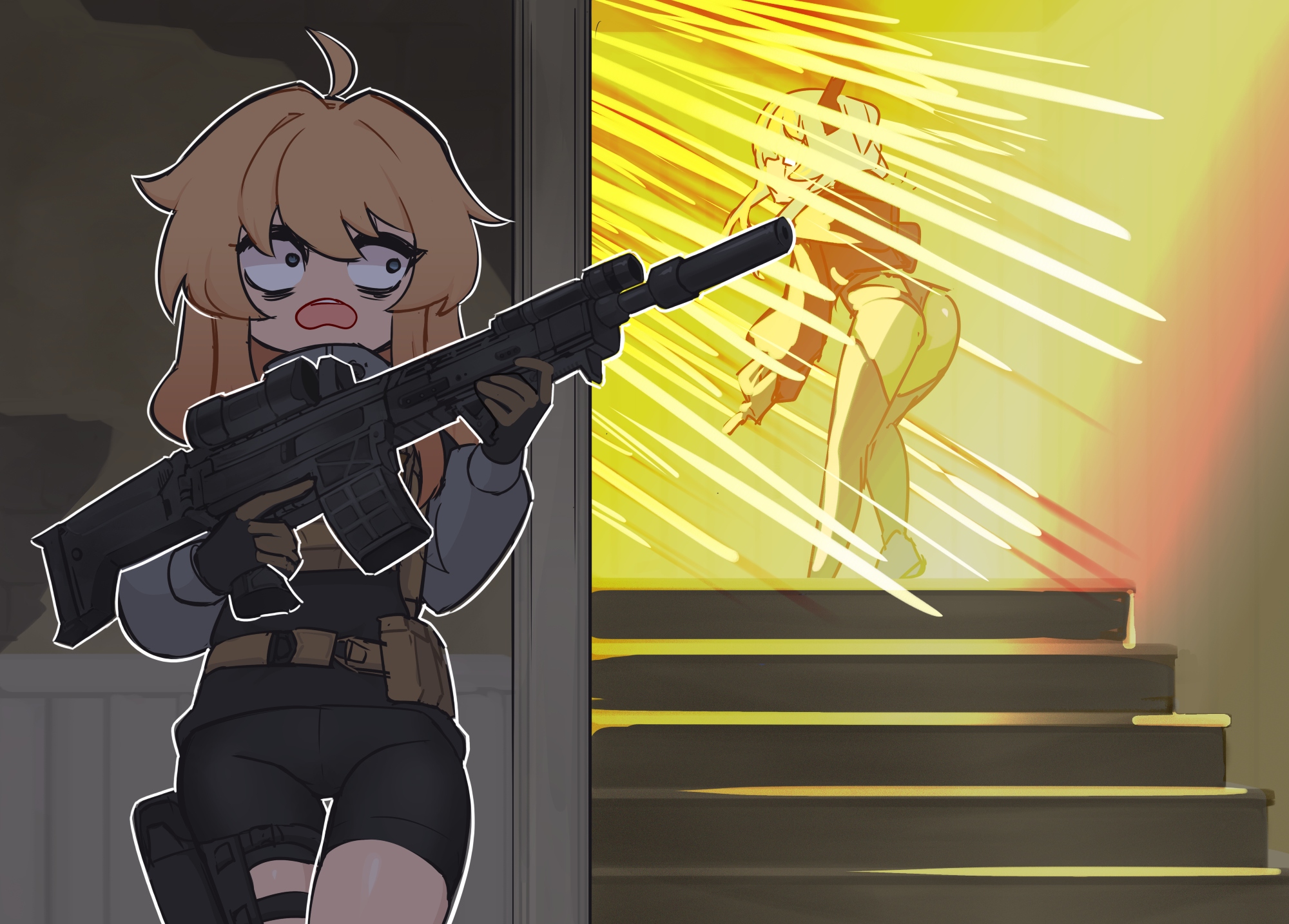 centurii-chan, saruei, saruei (vtuber), whiskey project, backrooms (creepypasta), original, highres, ass, assault rifle, blonde hair, gun, holding, holding gun, holding weapon, long hair, magazine (weapon), rifle, short hair, suppressor, trigger discipline, weapon