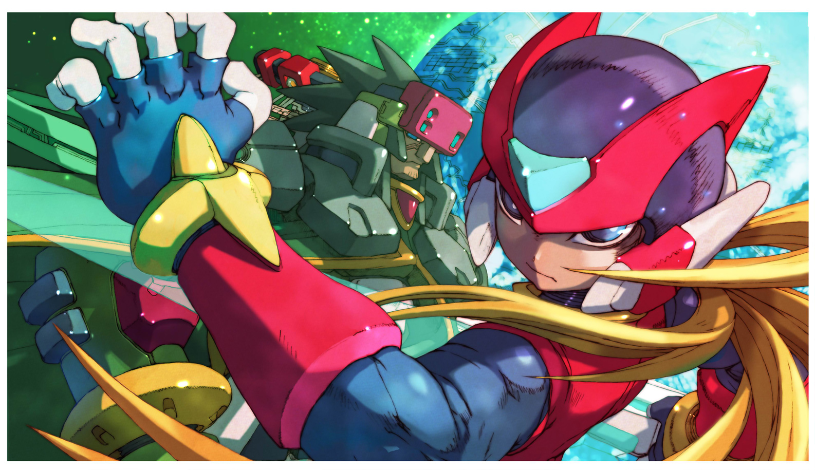 nakayama tooru, craft (mega man), zero(z) (mega man), zero (mega man), capcom, mega man (series), mega man zero (series), mega man zero 4, official art, 2boys, blonde hair, blue eyes, craft, dutch angle, energy sword, facial mark, fighting stance, fingerless gloves, frown, gloves, glowing, green hair, helmet, long hair, looking back, male focus, multiple boys, ponytail, red helmet, robot, short hair, spiked hair, sword, very long hair, weapon