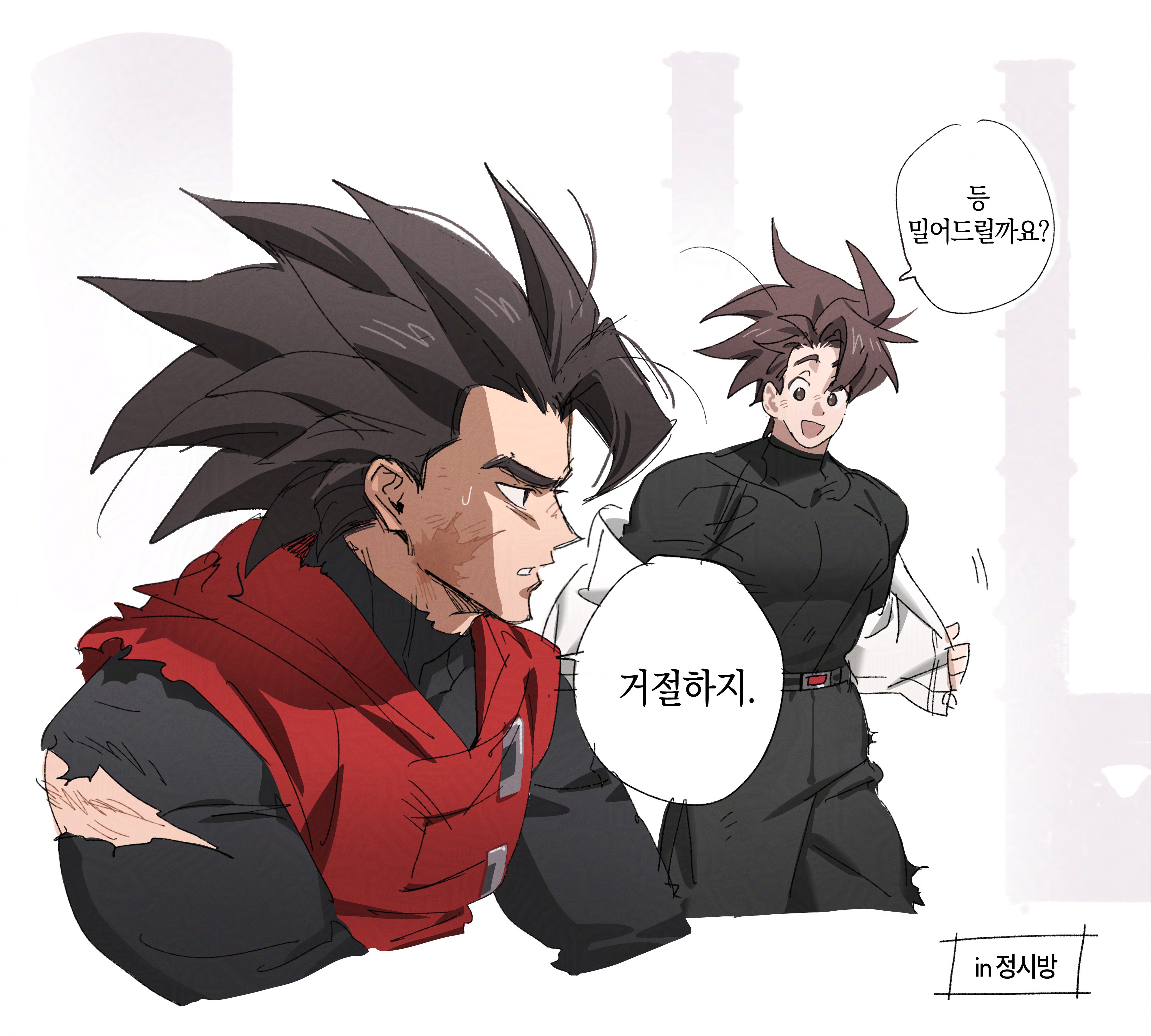 hyong311, giblet (dragon ball), mirai senshi, reta (hyong311), dragon ball, dragon ball legends, dragon ball xenoverse, absurdres, highres, korean commentary, 2boys, :d, black bodysuit, black eyes, black pants, black shirt, bodysuit, brown eyes, brown hair, covered pectorals, facial scar, jacket, korean text, male focus, motion lines, multiple boys, open mouth, pants, pectorals, profile, red surcoat, removing jacket, saiyan, scar, scar on cheek, scar on face, shirt, short hair, single bang, sketch, smile, speech bubble, spiked hair, surcoat, sweatdrop, torn bodysuit, torn clothes, white background, white jacket