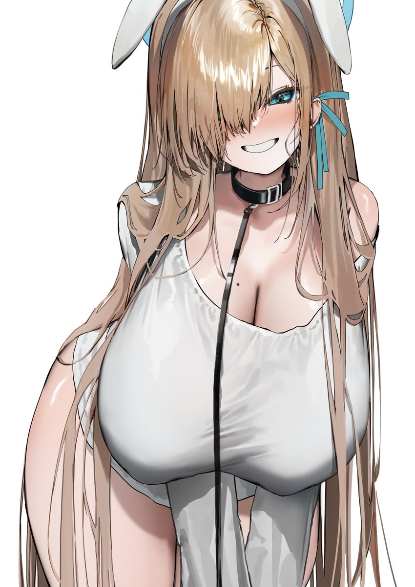 poharo, asuna (blue archive), blue archive, highres, 1girl, animal ears, black collar, blonde hair, blue eyes, blue halo, breasts, cleavage, collar, grin, hair over one eye, halo, large breasts, leash, long hair, long sleeves, looking at viewer, mole, mole on breast, rabbit ears, shirt, smile, white shirt