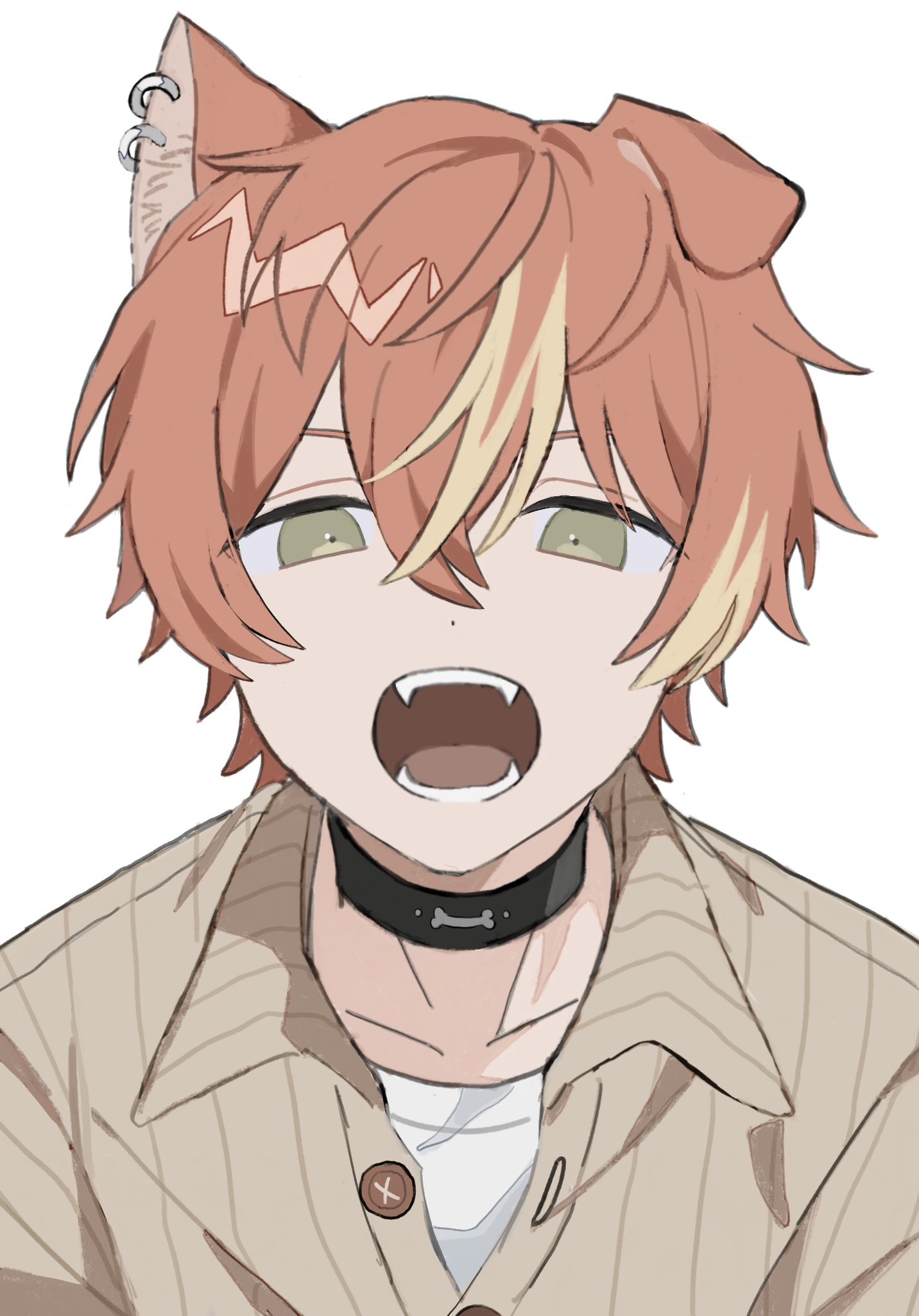 shinonome akito, project sekai, highres, 1boy, animal ears, black choker, blonde hair, buttons, choker, collared shirt, dog ears, dot nose, ear piercing, fangs, green eyes, ks ss310, looking at viewer, male focus, multicolored hair, official alternate costume, official alternate hairstyle, open mouth, orange hair, piercing, rise as one! (project sekai), shirt, short hair, simple background, solo, streaked hair, two-tone hair, upper body, white background
