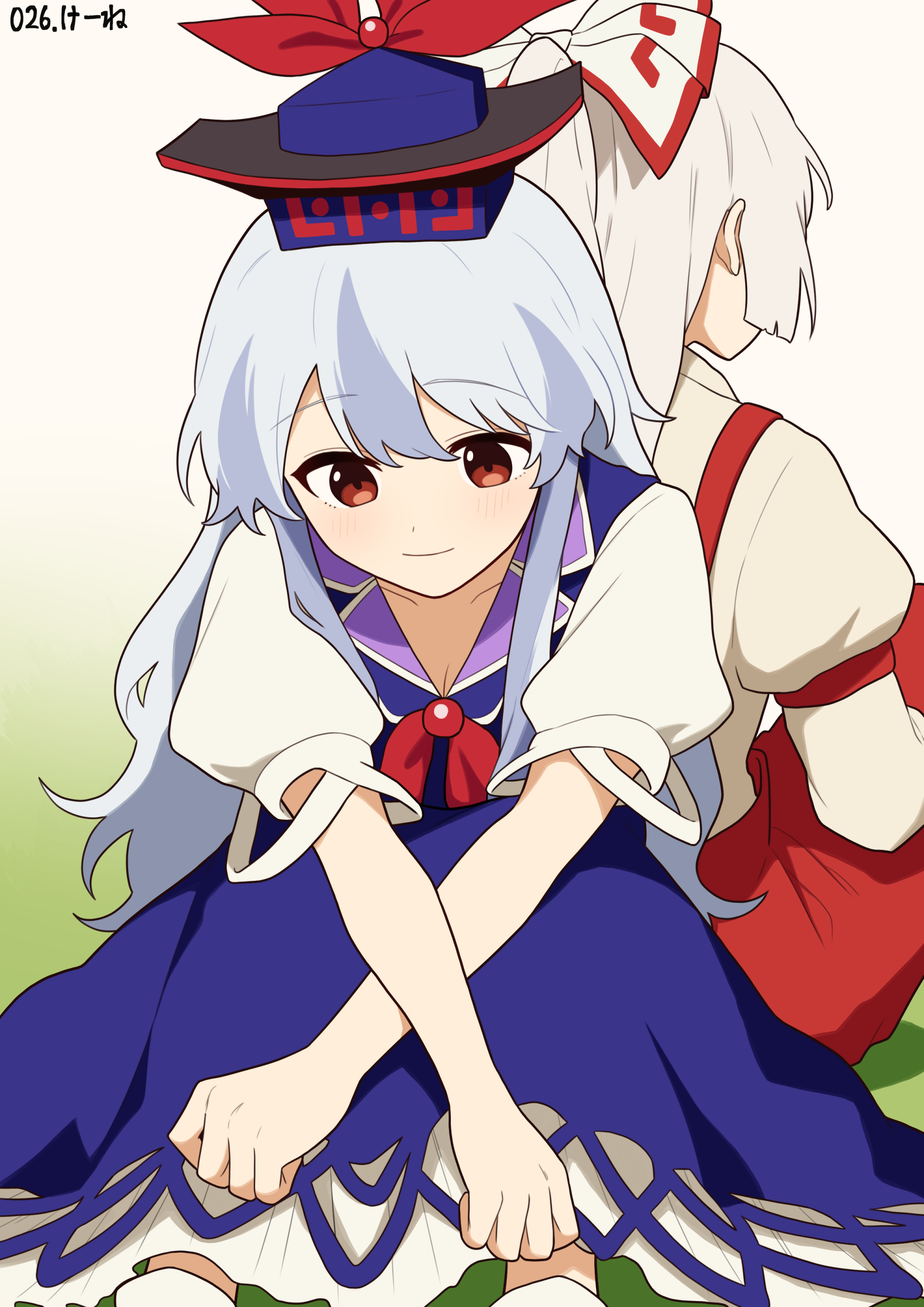 snackdang, fujiwara no mokou, kamishirasawa keine, touhou, absurdres, commentary, english commentary, highres, mixed-language commentary, 2girls, blue dress, blue hair, blue hat, bow, breasts, character name, cleavage, closed mouth, dress, grey hair, grey shirt, hair bow, hat, light blush, long hair, multicolored hair, multiple girls, pants, red pants, shirt, sitting, smile, suspenders, two-tone hair, very long hair