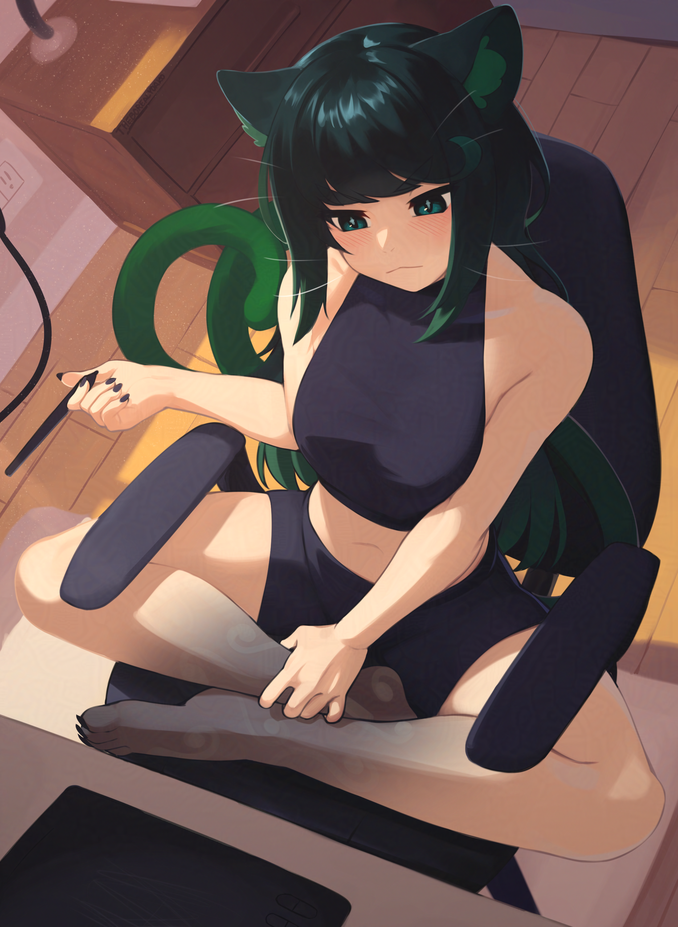 yoako, original, absurdres, commentary, commission, english commentary, highres, 1girl, animal ear fluff, animal ears, animal feet, bare arms, bare legs, bare shoulders, barefoot, black nails, black shorts, blush, cat ears, cat girl, cat tail, chair, drawing tablet, electrical outlet, from above, full body, green eyes, green hair, hand on own ankle, holding, holding stylus, indian style, indoors, long hair, midriff, multiple tails, nail polish, navel, office chair, short shorts, shorts, sitting, solo, stylus, swivel chair, tail, whiskers, wooden floor