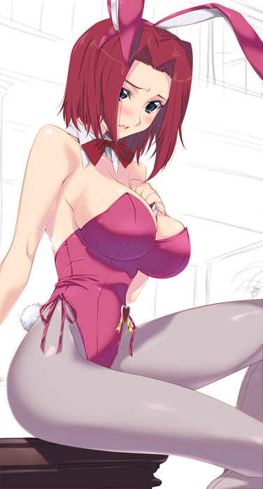 iizuki tasuku, kouzuki kallen, code geass, 00s, 1girl, animal ears, blue eyes, blush, breasts, fake animal ears, female focus, large breasts, leotard, pantyhose, playboy bunny, rabbit ears, red hair, short hair, sitting, solo