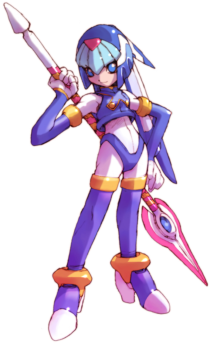 nakayama tooru, fairy leviathan (mega man), capcom, mega man (series), mega man zero (series), official art, 1girl, blue eyes, blue helmet, boots, female focus, gloves, helmet, high heels, holding behind back, holding weapon behind back, solo, staff, thighhighs