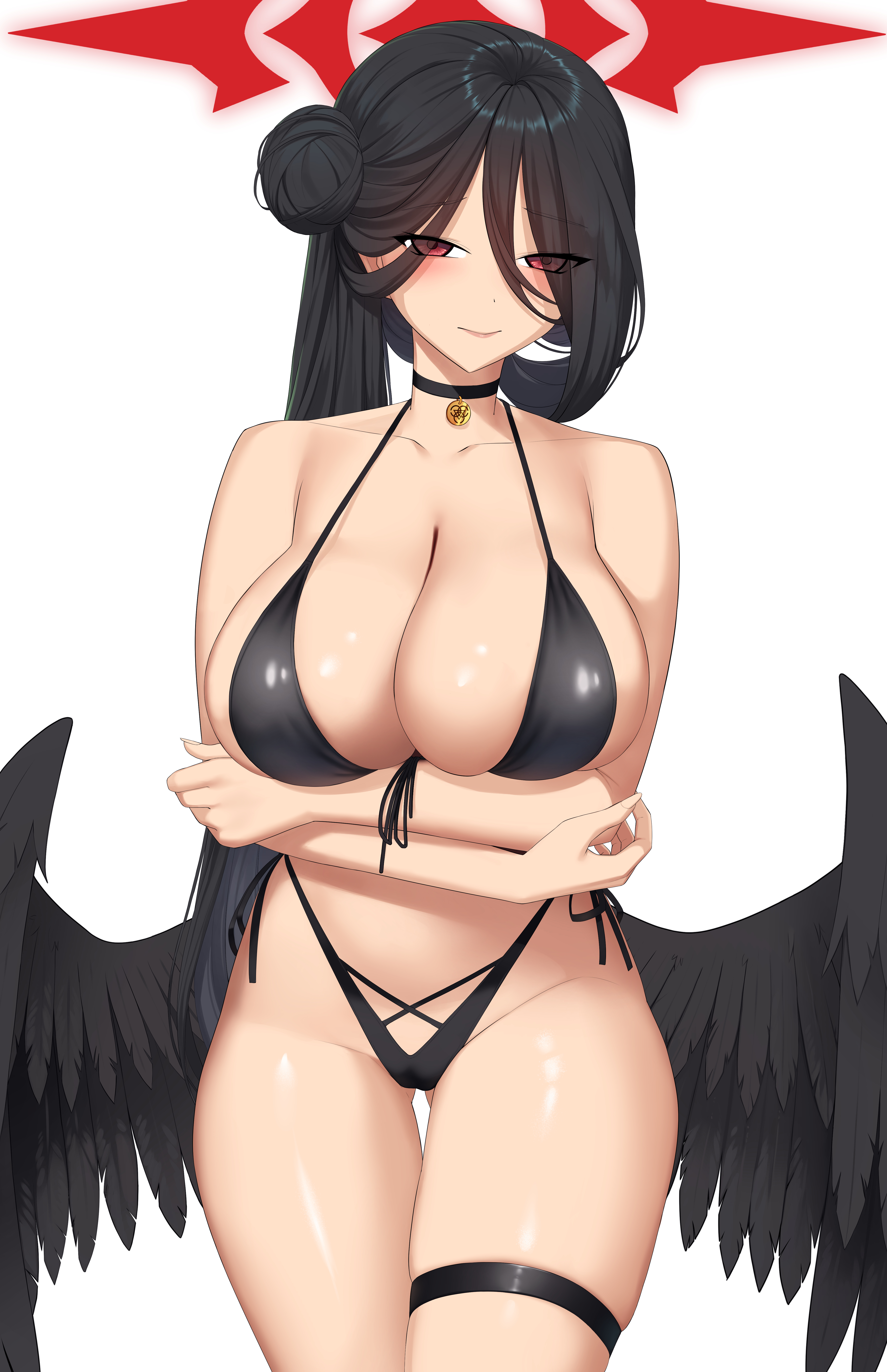 toniwing, hasumi (blue archive), hasumi (swimsuit) (blue archive), blue archive, absurdres, commentary request, highres, 1girl, armpit crease, arms under breasts, bikini, black bikini, black choker, black feathers, black hair, black wings, breasts, choker, cleavage, closed mouth, feathers, hair bun, highleg, highleg bikini, large breasts, long hair, looking at viewer, low wings, oversized wings, red eyes, red hair, simple background, single hair bun, solo, swimsuit, thigh gap, thigh strap, thighs, very long hair, white background, wings