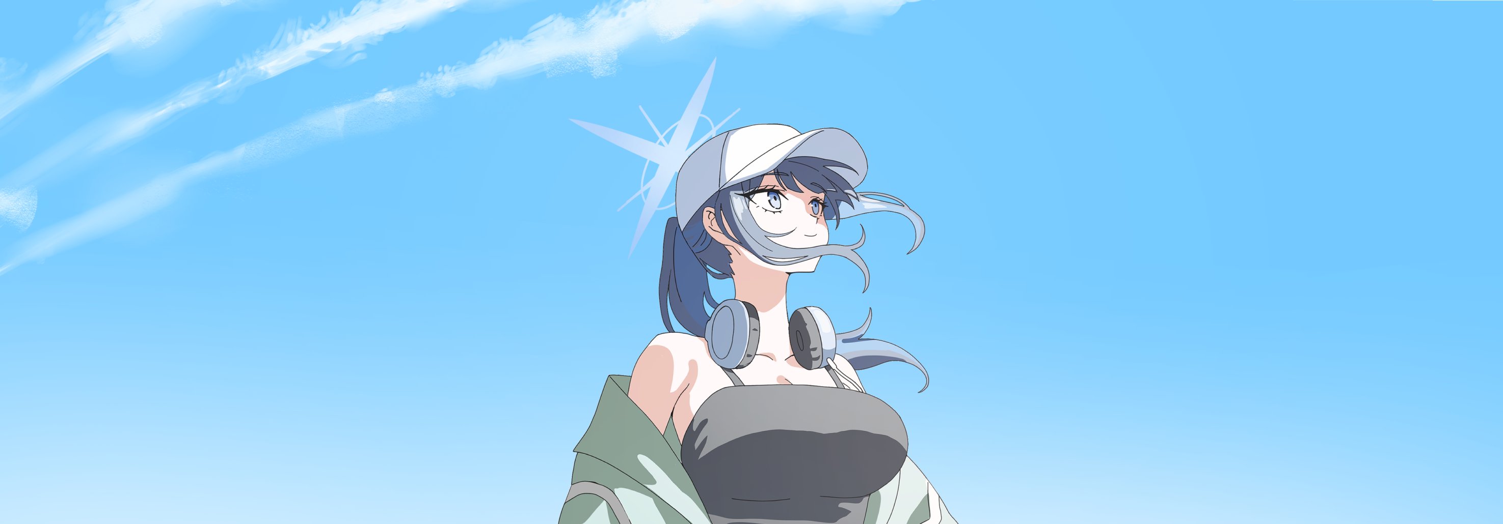 hanakonenne, saori (blue archive), saori (swimsuit) (blue archive), blue archive, highres, 1girl, aqua jacket, baseball cap, black camisole, blue hair, blue halo, camisole, colored inner hair, halo, hat, headphones, headphones around neck, jacket, multicolored hair, official alternate costume, solo, white hat