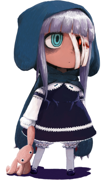 oomori harusame, anorak, original, 1girl, aqua eyes, bandage over one eye, bandages, blood, bloomers, crazy eyes, dress, female focus, gothic lolita, hood, lolita fashion, long hair, ribbon-trimmed bloomers, ribbon trim, solo, stuffed animal, stuffed rabbit, stuffed toy, underwear, white bloomers, white hair, zombie