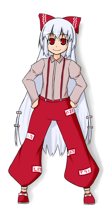tsukune (artist), fujiwara no mokou, touhou, bad id, bad pixiv id, 1girl, bow, female focus, full body, hair bow, hands on own hips, legs apart, long hair, long sleeves, multiple hair bows, puffy pants, red eyes, shoes, smile, solo, standing, suspenders, very long hair, white background, white hair