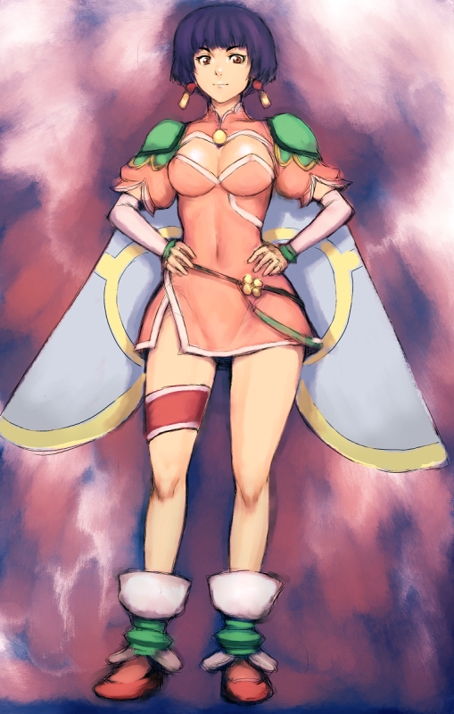 fumio (rsqkr), li meifon, angel links, eyebrows, 1990s (style), 1girl, alternate eye color, anklet, armor, belt, belt skirt, bob cut, bracer, breasts, brown eyes, cape, chinese clothes, cleavage, cleavage cutout, clothing cutout, covered erect nipples, covered navel, detached sleeves, dress, earrings, female focus, full body, hands on own hips, hip focus, jewelry, large breasts, looking at viewer, pauldrons, pink dress, puffy sleeves, purple hair, retro artstyle, shoes, short dress, short hair, short sleeves, shoulder armor, side slit, solo, standing, tassel, tassel earrings, thigh strap, turtleneck