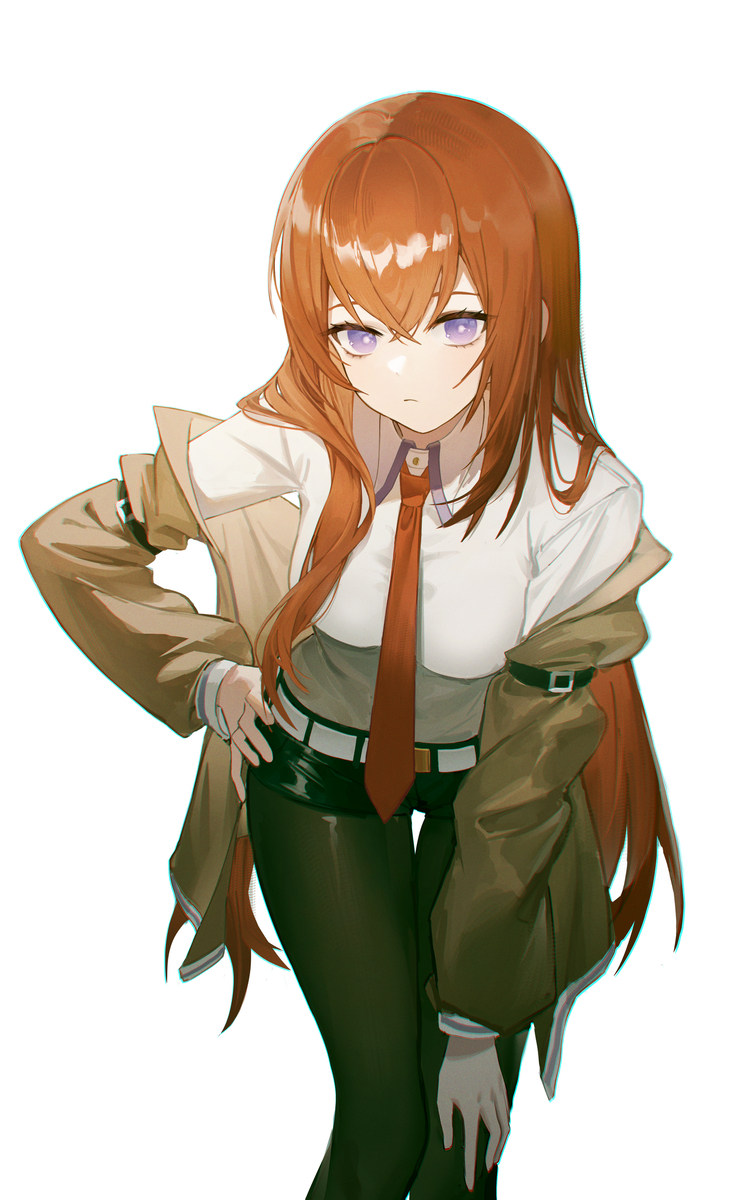 makise kurisu, science adventure, steins;gate, artist request, highres, 1girl, belt, black boots, black pantyhose, black shorts, boots, brown hair, hand on own hip, jacket, leaning forward, long hair, looking at viewer, necktie, open clothes, open jacket, outside border, pantyhose, pink background, red necktie, shirt, short shorts, shorts, simple background, solo, standing, white background, white belt, white shirt