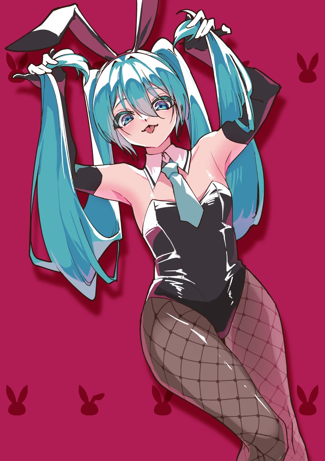 hatsune miku, vocaloid, 1girl, animal ear hairband, animal ears, aqua hair, armpits, arms up, black gloves, black leotard, blue eyes, breasts, detached collar, elbow gloves, fake animal ears, fishnet pantyhose, fishnets, gloves, hairband, hohihohihohinda, holding, holding own hair, leotard, long twintails, necktie, pantyhose, pink background, playboy bunny, rabbit ear hairband, rabbit ears, small breasts, smile, solo, standing, tongue, tongue out, twintails