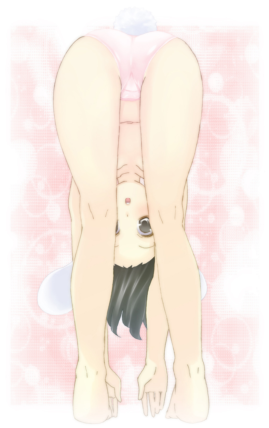 nigo (aozoragarou), inaba tewi, touhou, highres, 1girl, animal ears, ass, barefoot, bent over, black eyes, black hair, feet, female focus, from behind, hands reach floor, kneepits, legs, loli, panties, rabbit ears, solo, tail, thighs, topless female, underwear, upside-down