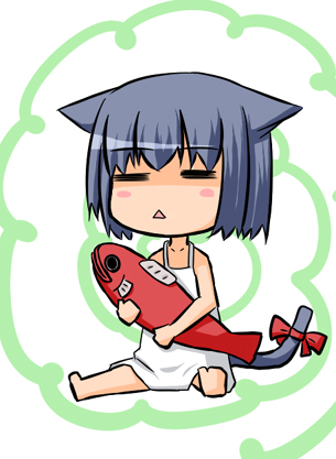 tsukune (artist), bad id, bad pixiv id, lowres, animal ears, bow, cat ears, cat tail, fish, solo, tail