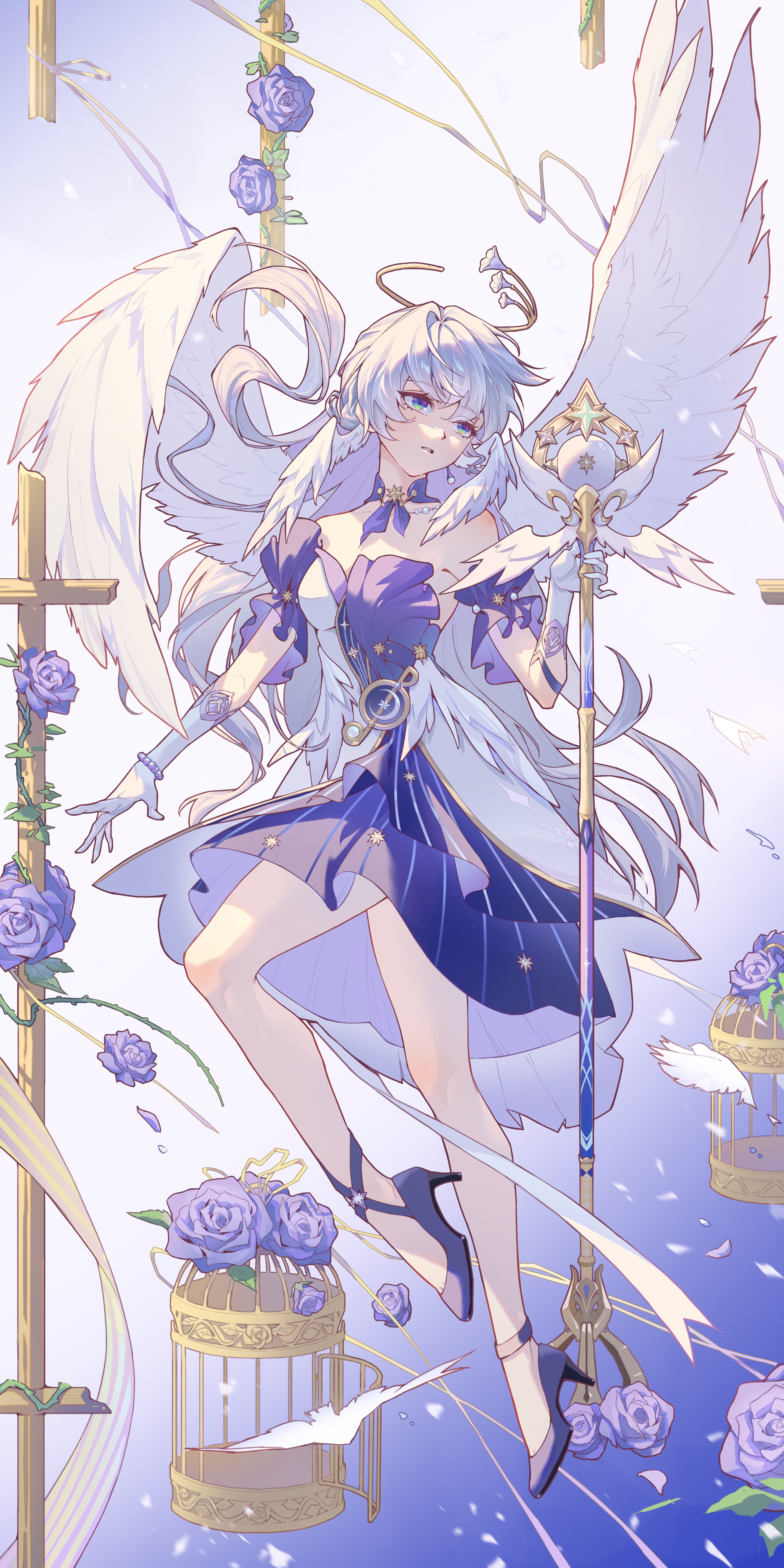 metal 0521, robin (honkai: star rail), honkai: star rail, honkai (series), absurdres, highres, 1girl, angel wings, bare shoulders, birdcage, blue eyes, breasts, cage, dress, feathered wings, flower, gloves, gold halo, halo, head wings, high heels, holding, holding microphone stand, jewelry, long hair, medium breasts, microphone stand, multiple wings, open mouth, pumps, purple flower, purple hair, purple rose, rose, solo, strapless, strapless dress, very long hair, white dress, white gloves, white wings, wings