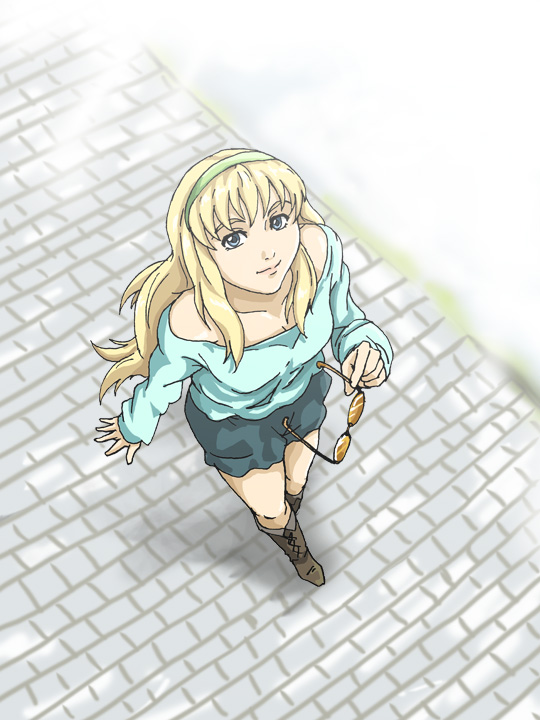 hirasawa meio, sheryl nome, macross, macross frontier, 00s, blonde hair, blue eyes, glasses, hairband, holding, holding removed eyewear, long hair, smile, solo, unworn eyewear
