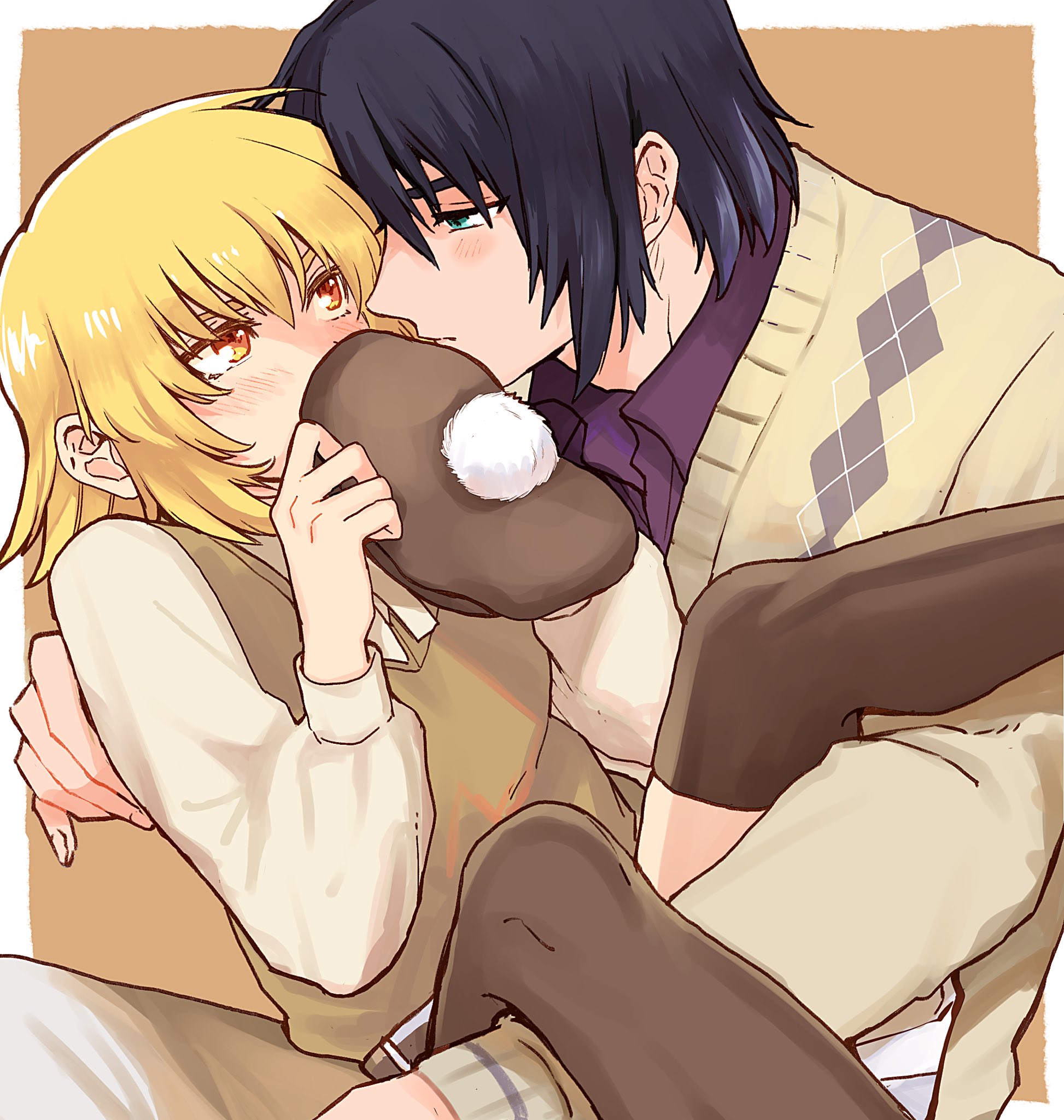 kimi88407604, athrun zala, cagalli yula athha, gundam, gundam seed, highres, 1boy, 1girl, beret, blonde hair, blue hair, blush, brown thighhighs, couple, covering own mouth, green eyes, hat, hetero, looking at another, medium hair, purple shirt, shirt, short hair, sitting, sitting on lap, sitting on person, sweater, thighhighs, yellow eyes