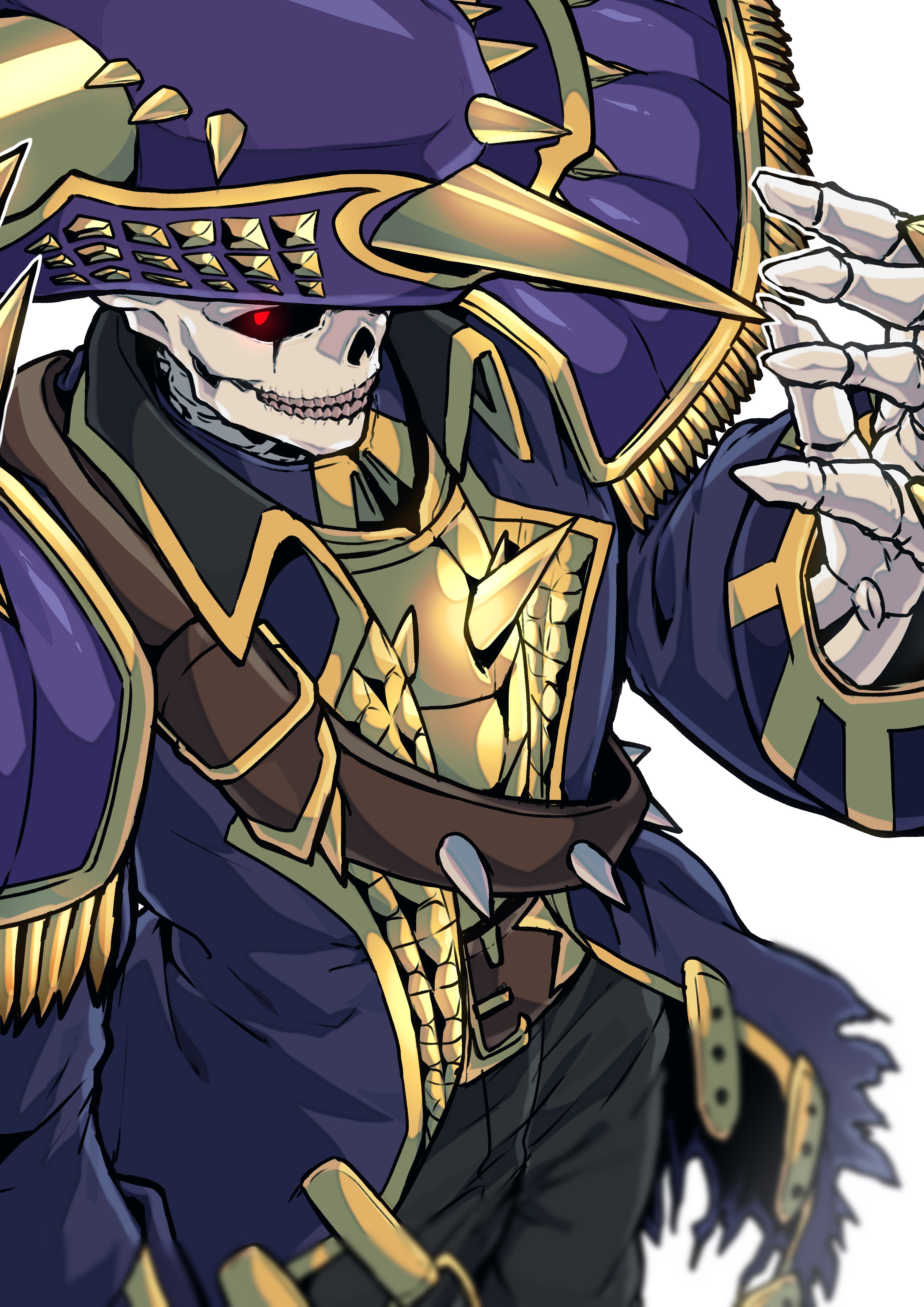 otyumamii, dragon quest, dragon quest treasures, absurdres, commentary request, highres, 1boy, armor, belt, black pants, blurry, brown belt, coat, depth of field, epaulettes, fringe trim, from above, gingira (dqt), glowing, glowing eye, gold armor, gold trim, hat, jacket, jewelry, looking at viewer, looking up, male focus, monster, monster boy, multiple rings, one eye covered, pants, pirate, pirate hat, purple coat, red eyes, ring, skeleton, solo, spiked hat, studded hat, studded jacket, white background