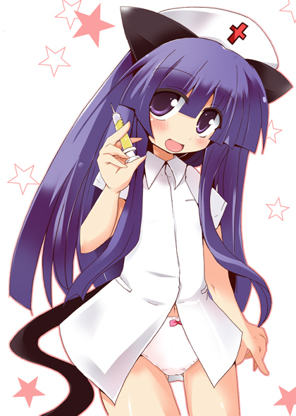 shirogane (platinum), furude rika, higurashi no naku koro ni, 00s, animal ears, blue hair, blush, cat ears, cat tail, loli, nurse, panties, purple eyes, solo, syringe, tail, underwear