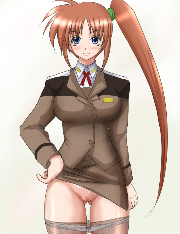 gununu (pixiv), takamachi nanoha, lyrical nanoha, mahou shoujo lyrical nanoha, mahou shoujo lyrical nanoha strikers, 00s, 1girl, cleft of venus, clothes lift, female focus, no panties, panties, pantyhose, pencil skirt, ponytail, skirt, skirt lift, solo, uncensored, underwear
