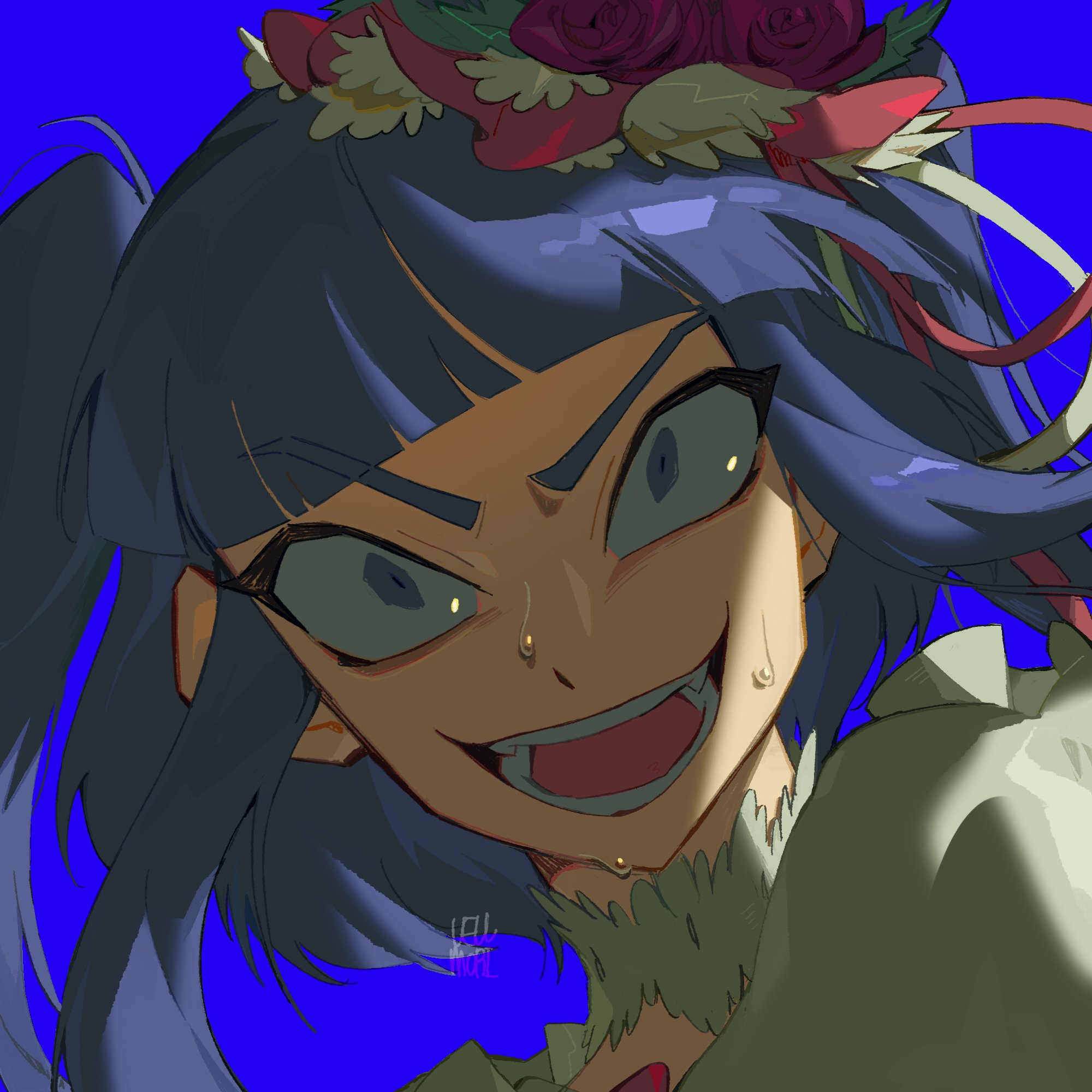 vellmori, furudo erika, umineko no naku koro ni, commentary, commission, english commentary, highres, second-party source, 1girl, artist name, blue background, blue eyes, blue hair, blunt bangs, fangs, long hair, looking at viewer, open mouth, portrait, signature, simple background, smile, solo, sweat, twintails, wide-eyed