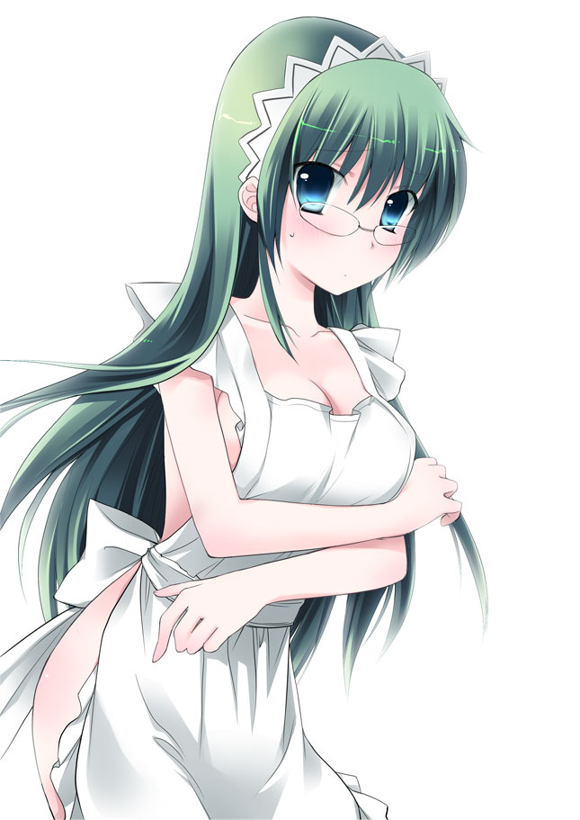 chany, kijima saki, hayate no gotoku!, 00s, 1girl, apron, blue eyes, breasts, cleavage, female focus, glasses, green hair, large breasts, long hair, naked apron, solo