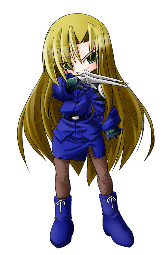 u-ka, yu lulu (uka), due (nanoha), numbers (nanoha), lyrical nanoha, mahou shoujo lyrical nanoha, mahou shoujo lyrical nanoha strikers, uniform, 00s, 1girl, belt, boots, brown pantyhose, chibi, dagger, female focus, full body, holding, holding weapon, knee boots, knife, long hair, long sleeves, looking at viewer, pantyhose, parted bangs, simple background, solo, standing, very long hair, weapon, white background
