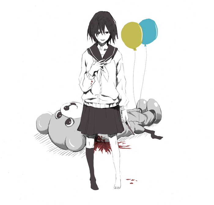 usi, bad id, bad pixiv id, barefoot, blood, boxcutter, knife, school uniform, serafuku, short hair, socks, solo