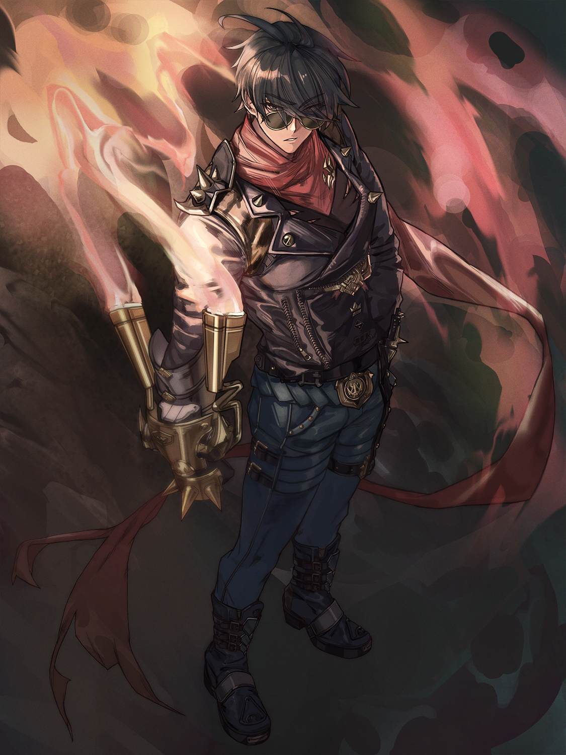 fkskii65, lighter (zenless zone zero), zenless zone zero, highres, 1boy, belt buckle, black boots, black gloves, black hair, black jacket, boots, buckle, full body, gloves, green eyes, hair between eyes, hair over one eye, jacket, male focus, pants, red scarf, round eyewear, scarf, short hair, shoulder spikes, smoke, smoke trail, solo, spikes, sunglasses, zipper