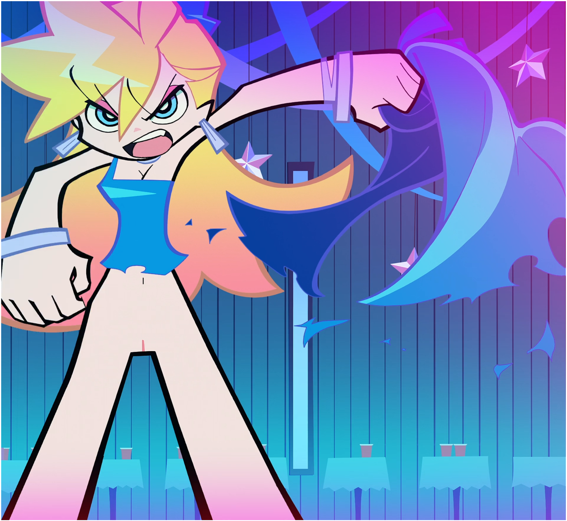 panty (psg), panty & stocking with garterbelt, anime screenshot, stitched, third-party edit, 1girl, angry, blonde hair, blue dress, blue eyes, bracelet, breasts, cleavage, dress, earrings, holding cloth, long hair, medium breasts, navel, no panties, pussy, silver bracelet, silver earrings, torn clothes
