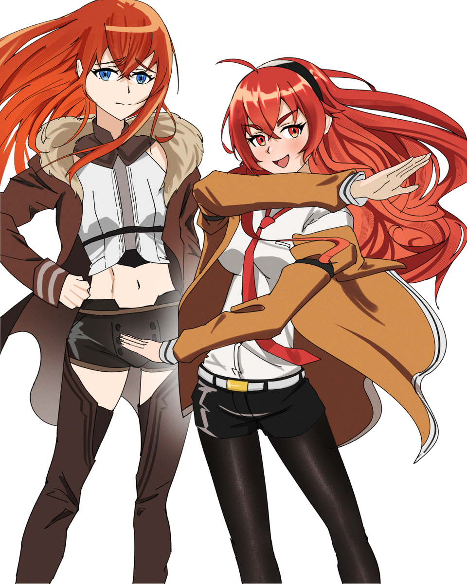 eris greyrat, makise kurisu, mushoku tensei, science adventure, steins;gate, absurdres, artist request, highres, 2girls, :d, bare shoulders, belt, black boots, black pantyhose, black shorts, black thighhighs, boots, breasts, brown hair, closed mouth, coat, crop top, crop top overhang, cropped shirt, crossover, hand on own hip, headband, jacket, large breasts, long hair, looking at viewer, multiple girls, navel, necktie, open clothes, open jacket, open mouth, outside border, pantyhose, pink background, red eyes, red hair, red necktie, shirt, short shorts, shorts, side slit, side slit shorts, simple background, skindentation, smile, standing, stomach, thigh boots, thighhighs, very long hair, white background, white belt, white shirt, zettai ryouiki