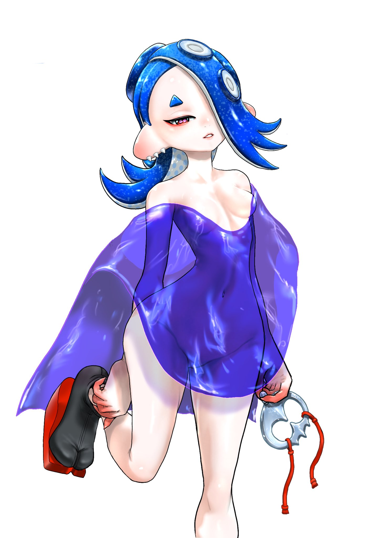 koharu2.5, shiver (deep cut outfit) (splatoon), shiver (splatoon), nintendo, splatoon (series), splatoon 3, commentary, highres, symbol-only commentary, 1girl, black socks, blue hair, blue shawl, breasts, cephalopod eyes, earrings, jewelry, long hair, looking at viewer, multiple earrings, navel, nude, octoling, okobo, parted lips, platform sandals, red eyes, sandals, shawl, short eyebrows, simple background, small breasts, socks, solo, standing, standing on one leg, tabi, thick eyebrows, tooth earrings, white background