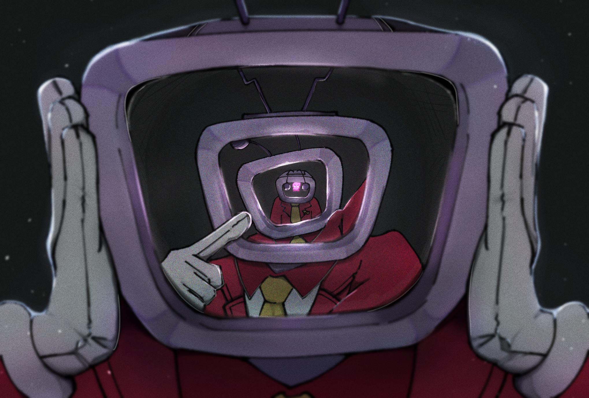 ant tenna, deltarune, utdr (toby fox), commentary request, highres, 1boy, black background, facing viewer, film grain, gloves, hands on own cheeks, hands on own face, jacket, male focus, necktie, numaoti 12, object head, pointing, portrait, recursion, red jacket, television, white gloves, yellow necktie