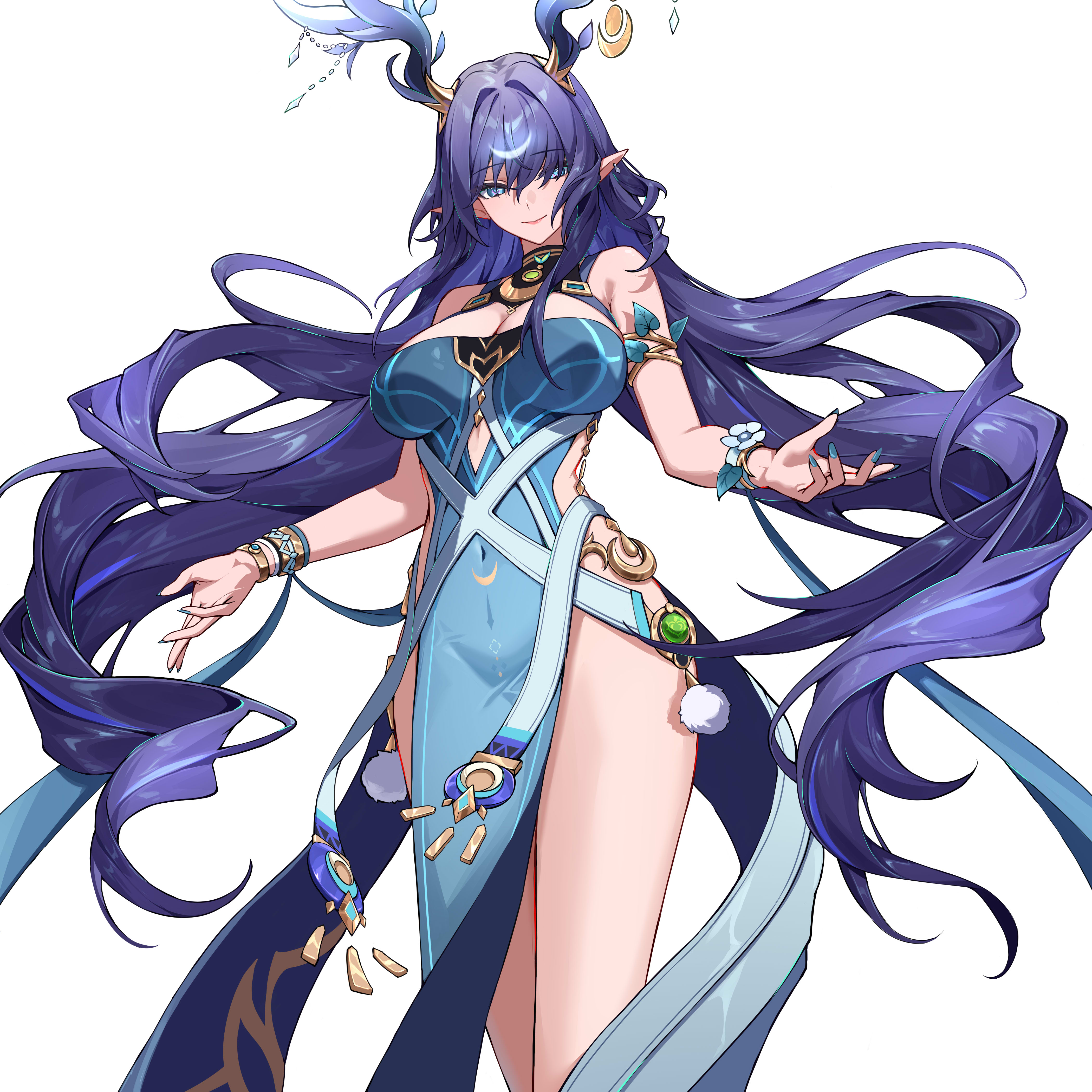 kazezz, lauma (genshin impact), genshin impact, absurdres, commentary, highres, 1girl, antlers, blue dress, blue nails, blush, bracelet, breasts, cleavage, closed mouth, covered navel, deer antlers, dendro symbol (genshin impact), dress, green eyes, hair between eyes, horns, jewelry, large breasts, long hair, looking at viewer, pointy ears, purple hair, simple background, smile, solo, strapless, strapless dress, very long hair, vision (genshin impact), white background