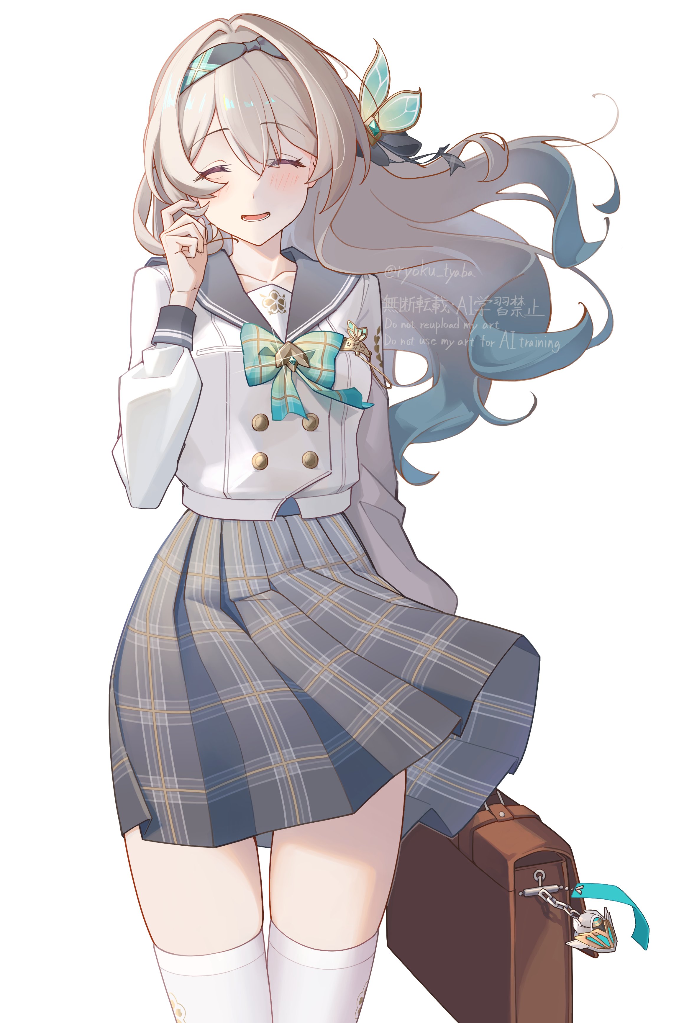 ryoku tyaba, firefly (honkai: star rail), firefly (spring missive) (honkai: star rail), honkai: star rail, honkai (series), absurdres, highres, 1girl, bag, black ribbon, blush, brown bag, buttons, closed eyes, collared shirt, double-breasted, gradient hair, grey hair, grey hairband, grey skirt, hair between eyes, hair intakes, hair ornament, hair ribbon, hairband, handbag, holding, holding bag, long hair, long sleeves, multicolored hair, multiple girls, open mouth, pleated skirt, ribbon, shirt, simple background, skirt, smile, solo, teeth, thighhighs, twitter username, white background, white shirt, white sleeves, white thighhighs