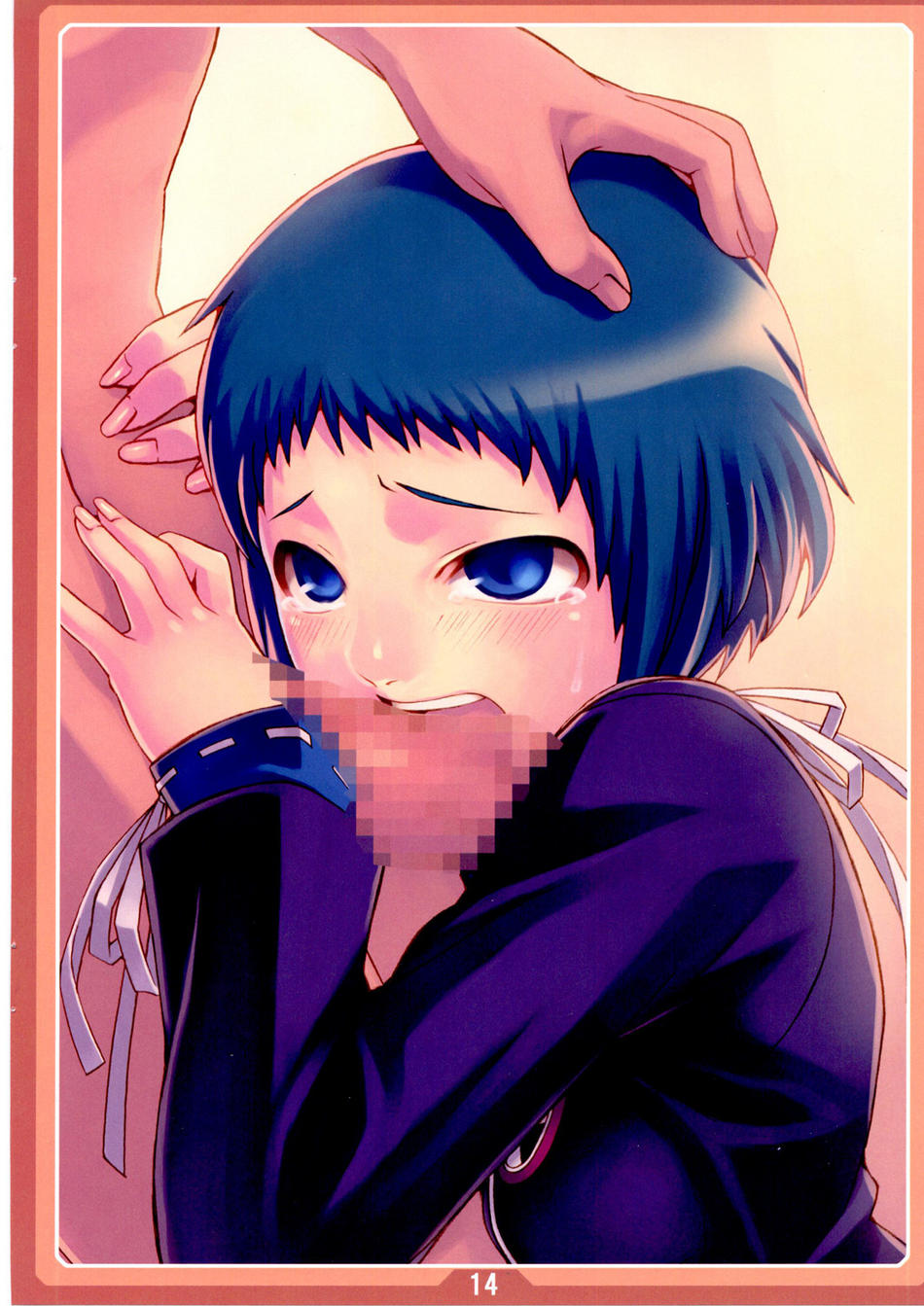 tasaka shinnosuke, yamagishi fuuka, atlus, persona, persona 3, highres, 1girl, blue eyes, blue hair, censored, fellatio, hand on another's head, oral, penis, school uniform, serafuku, short hair, solo focus, tears