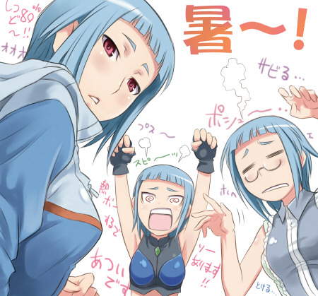 maruto!, miyu greer, my-hime, my-otome, lowres, 00s, 3girls, armpits, arms up, blue hair, blush, closed eyes, fingerless gloves, glasses, gloves, looking back, midriff, multiple girls, multiple persona, open mouth, red eyes, short hair, sleeveless