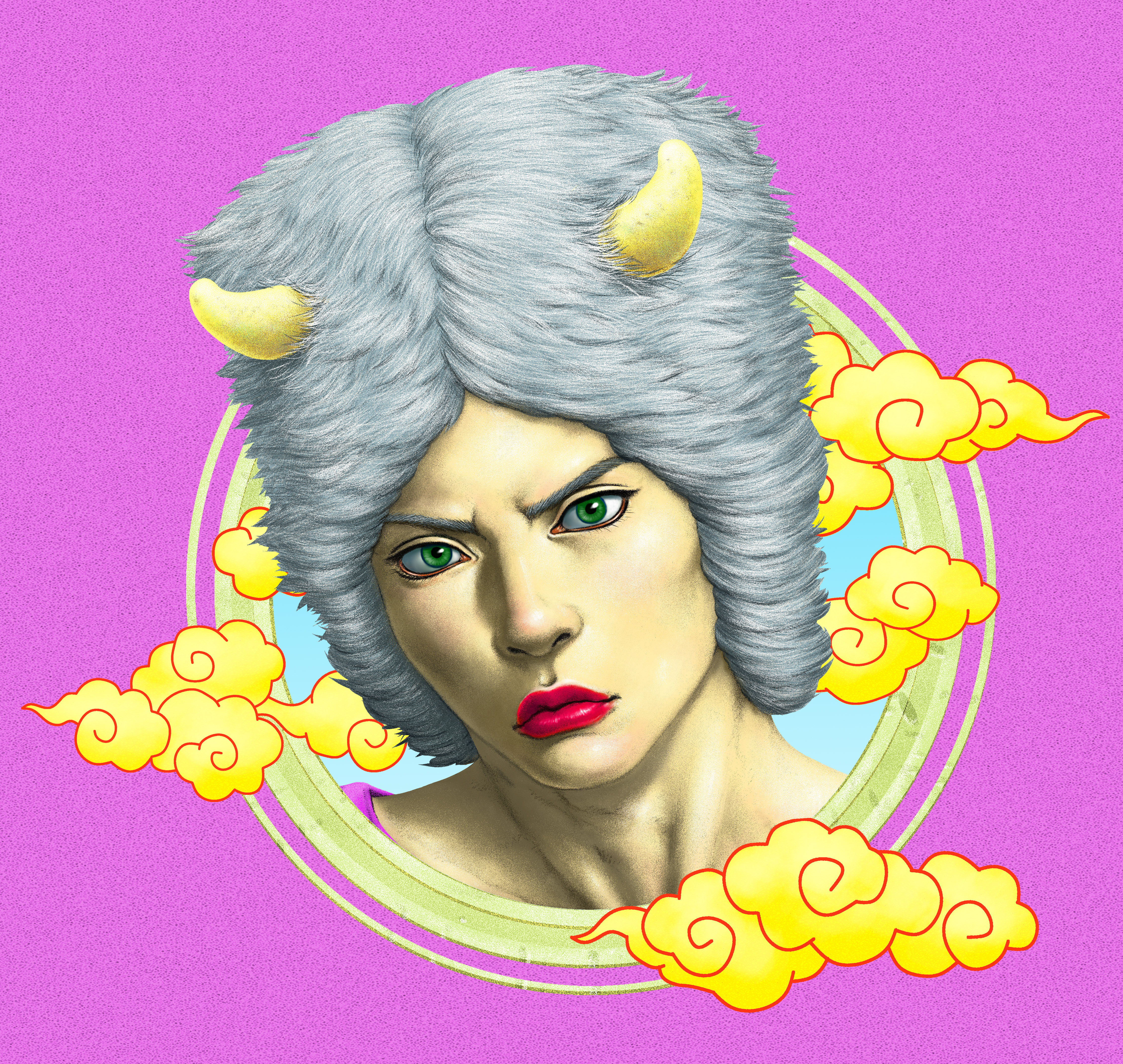 user zwnh8824, weather report, jojo no kimyou na bouken, stone ocean, absurdres, commentary request, highres, 1boy, bishounen, circle, cloud, fur hat, green eyes, grey hair, hat, horned hat, horns, makeup, male focus, pink background, red lips