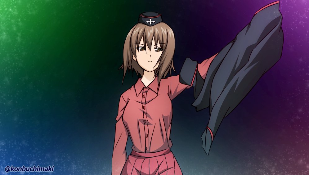 nishizumi maho, girls und panzer, 1girl, black jacket, breasts, brown eyes, brown hair, cross, dress shirt, garrison cap, gradient background, hat, holding, holding jacket, holding unworn clothes, iron cross, jacket, konbuchimaki, kuromorimine military uniform, large breasts, long sleeves, military, military hat, military uniform, miniskirt, pleated skirt, red shirt, red skirt, shirt, short hair, shorts, shorts under skirt, skirt, solo, twitter username, unworn jacket
