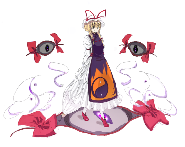 nanami natsuki, nanaumi natsuki, yakumo yukari, touhou, 1girl, blonde hair, eyeball, female focus, hat, hat ribbon, long sleeves, looking at viewer, mob cap, purple eyes, red ribbon, ribbon, simple background, solo, tabard, white background, yin yang