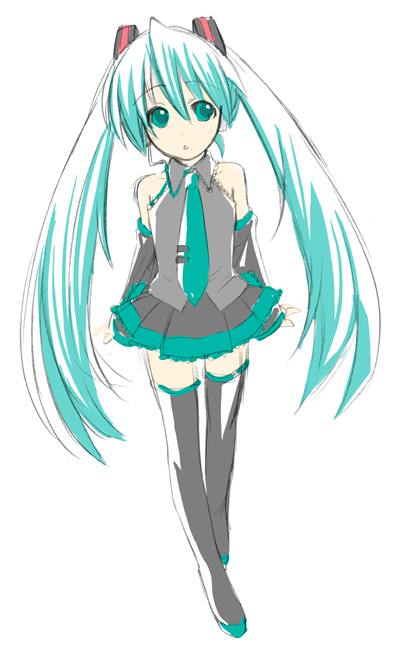 yusya, hatsune miku, vocaloid, 1girl, aqua hair, female focus, necktie, solo, thighhighs, twintails