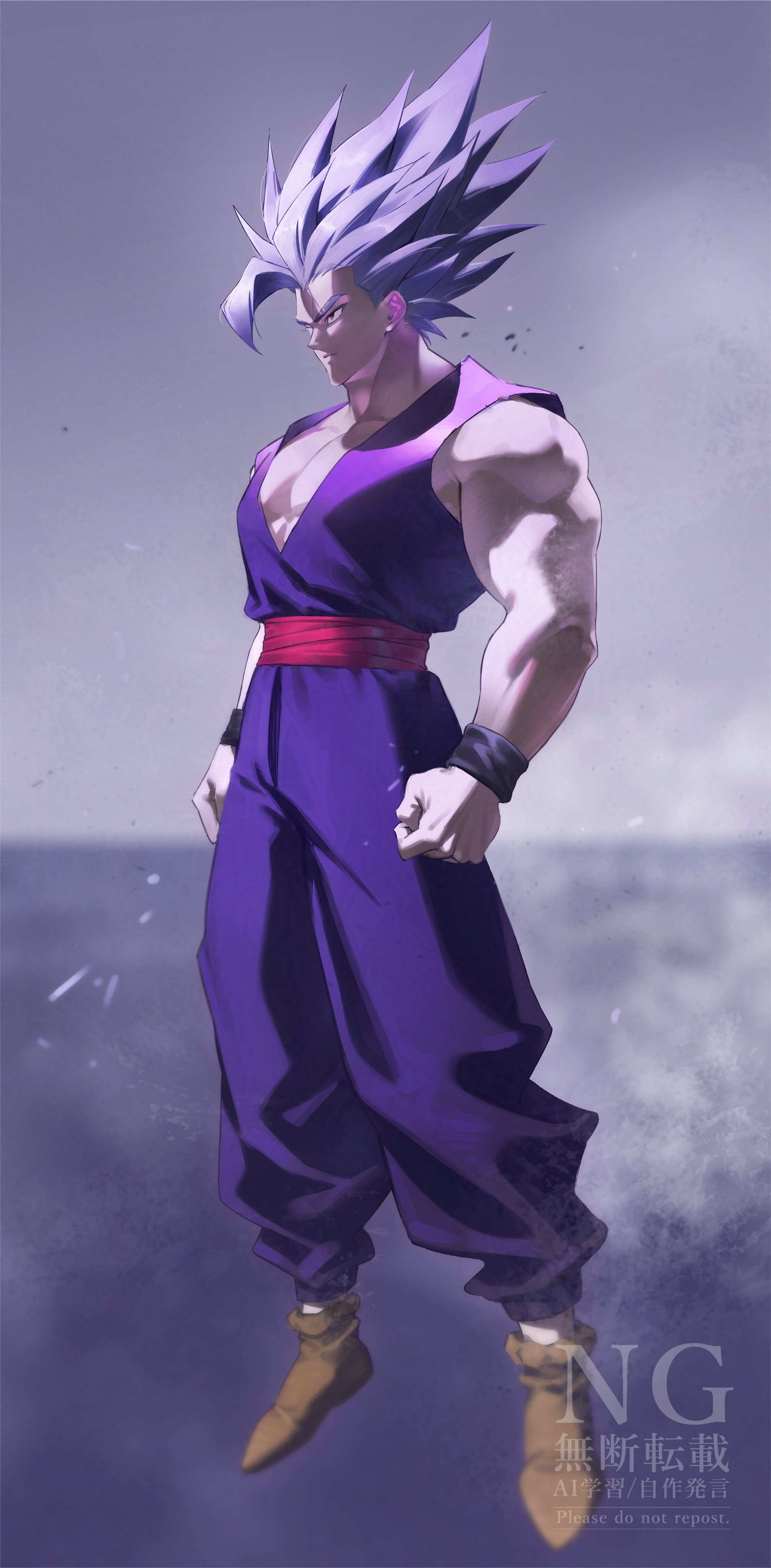 hyong311, gohan beast, son gohan, dragon ball, dragon ball super, dragon ball super super hero, absurdres, highres, korean commentary, 1boy, blurry, blurry background, brown shoes, clenched hands, dougi, floating hair, full body, gradient background, grey background, grey hair, looking ahead, male focus, muscular, muscular male, purple background, purple dougi, red eyes, shoes, short hair, single bang, solo, spiked hair, transformation, wristband