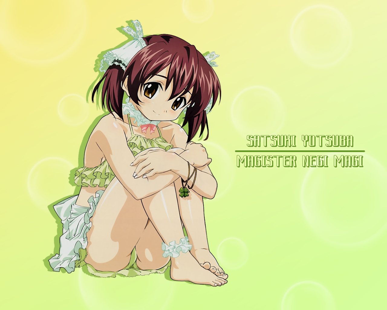 yotsuba satsuki, mahou sensei negima!, 00s, 1girl, ass, barefoot, brown eyes, brown hair, feet, female focus, hugging own legs, panties, smile, solo, twintails, underwear, zoom layer
