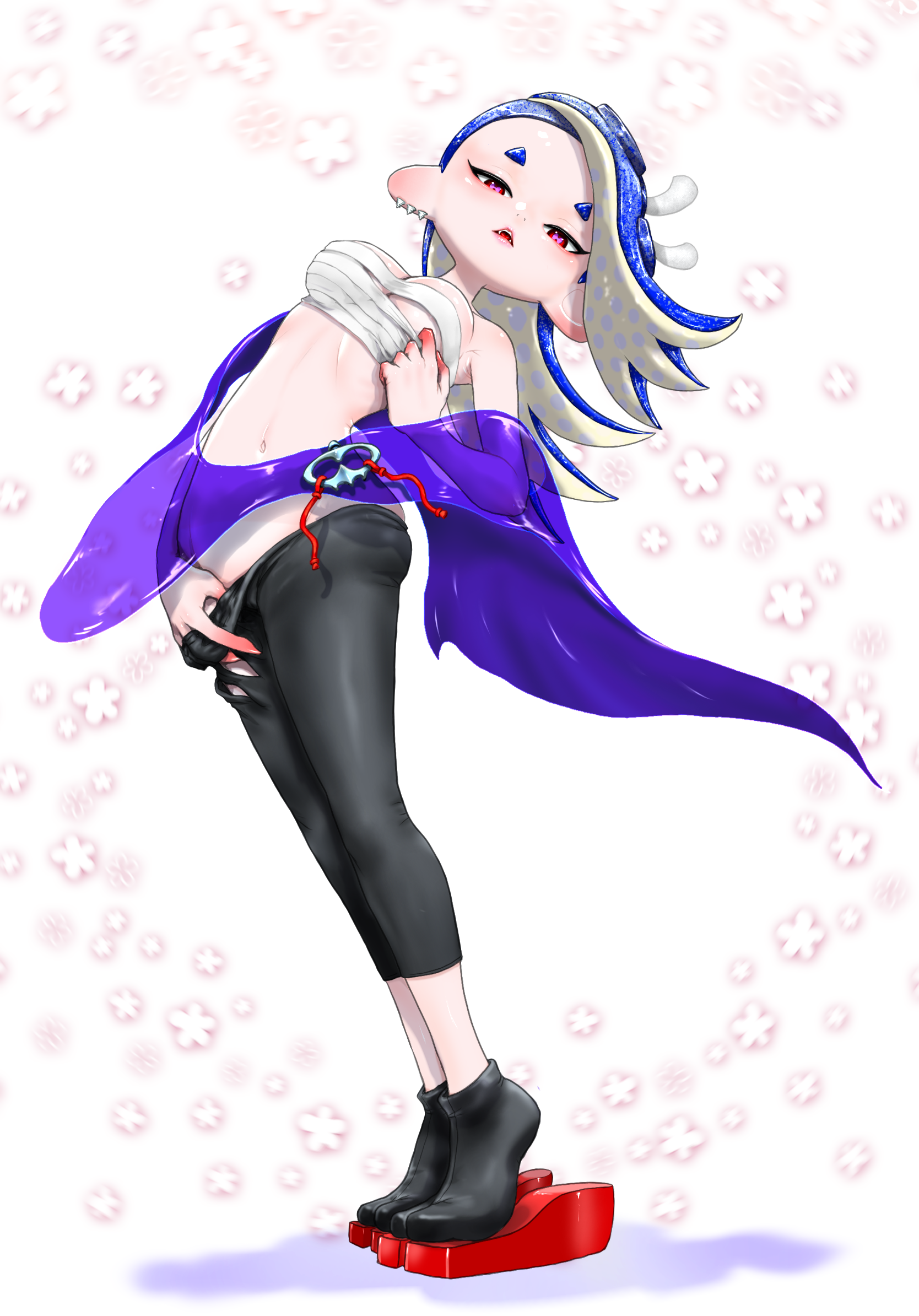koharu2.5, shiver (deep cut outfit) (splatoon), shiver (splatoon), nintendo, splatoon (series), splatoon 3, commentary request, highres, 1girl, black pants, black socks, blue hair, blue shawl, chest sarashi, earrings, full body, jewelry, long hair, looking at viewer, multiple earrings, navel, octoling, okobo, open mouth, pants, platform sandals, red eyes, sandals, sarashi, shawl, short eyebrows, socks, solo, tabi, tentacle hair, thick eyebrows, tooth earrings