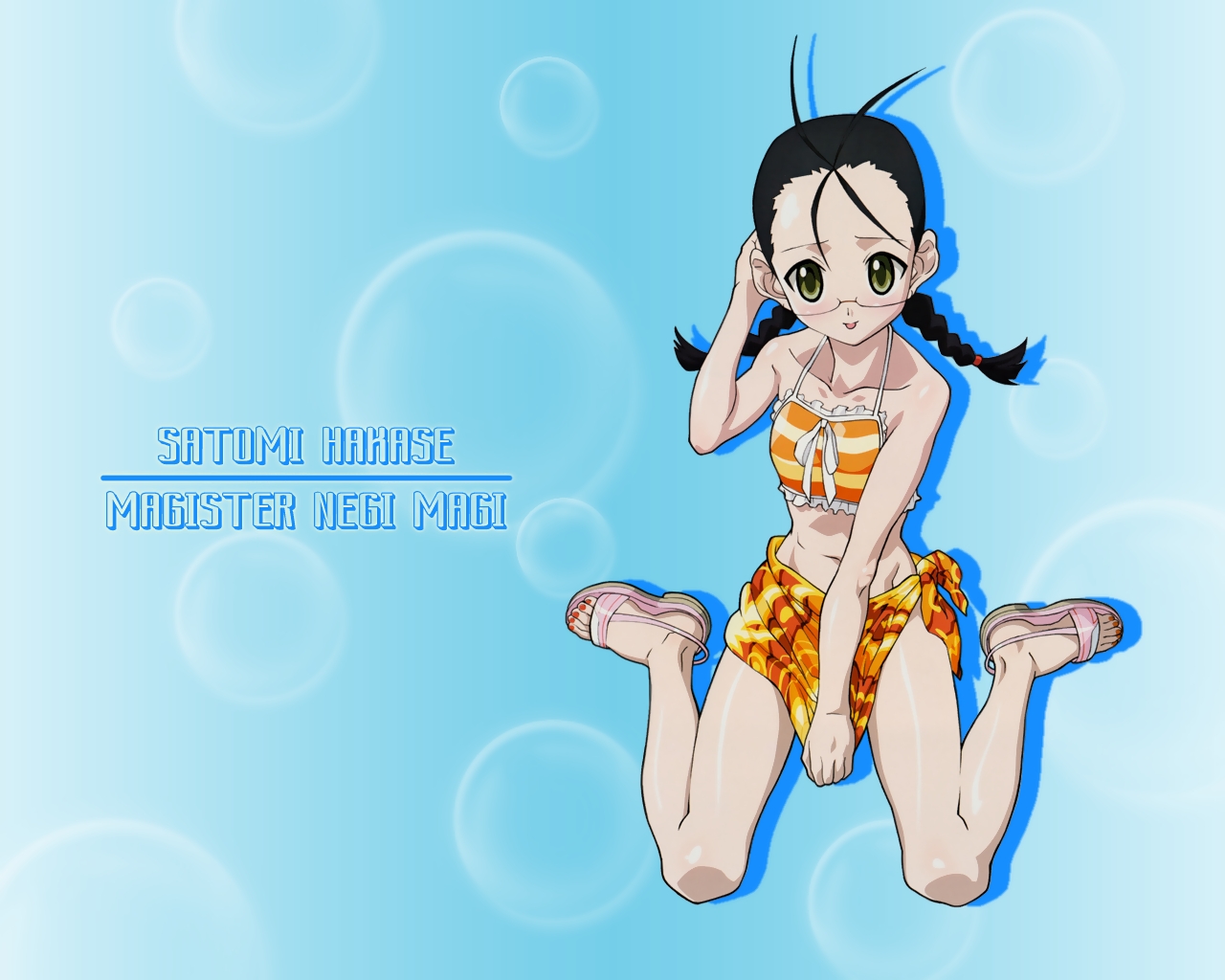 hakase satomi, mahou sensei negima!, 00s, 1girl, antenna hair, arm up, bare arms, bare legs, bare shoulders, black hair, blue background, blush, bra, braid, bubble, character name, embarrassed, feet, female focus, frilled bra, frills, glasses, green eyes, hair tie, hair up, hand in own hair, knees, long hair, looking at viewer, navel, nervous, open mouth, ribbon, sandals, sitting, solo, stomach, swimsuit, toes, underwear