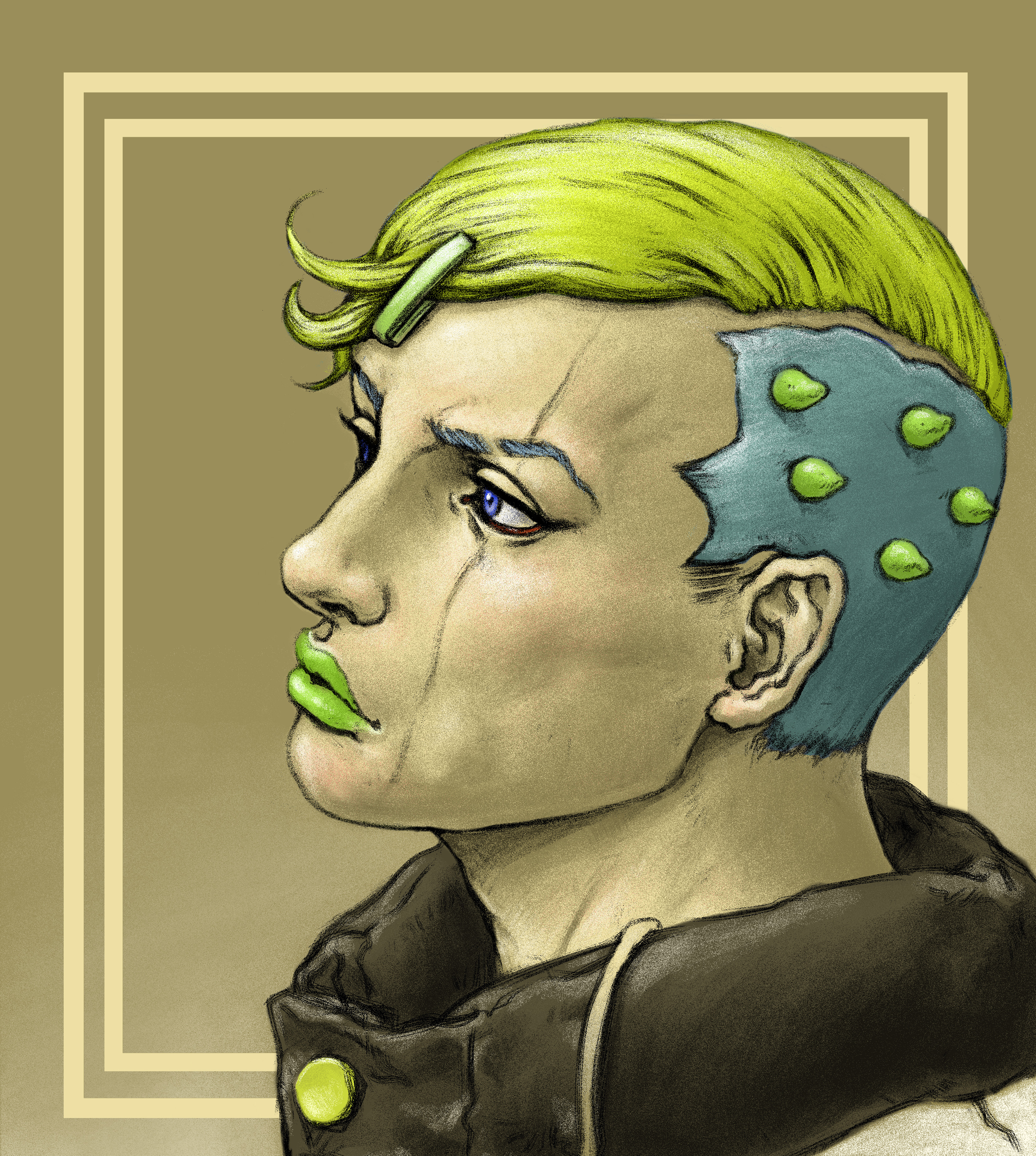 user zwnh8824, higashikata jobin, jojo no kimyou na bouken, jojolion, absurdres, commentary request, highres, 1boy, black hood, blue eyes, cheekbones, facial mark, green hair, green lips, hair ornament, hairclip, hood, hood down, makeup, male focus, multicolored hair, portrait, scar, scar on face, solo, spiked hair, two-tone hair