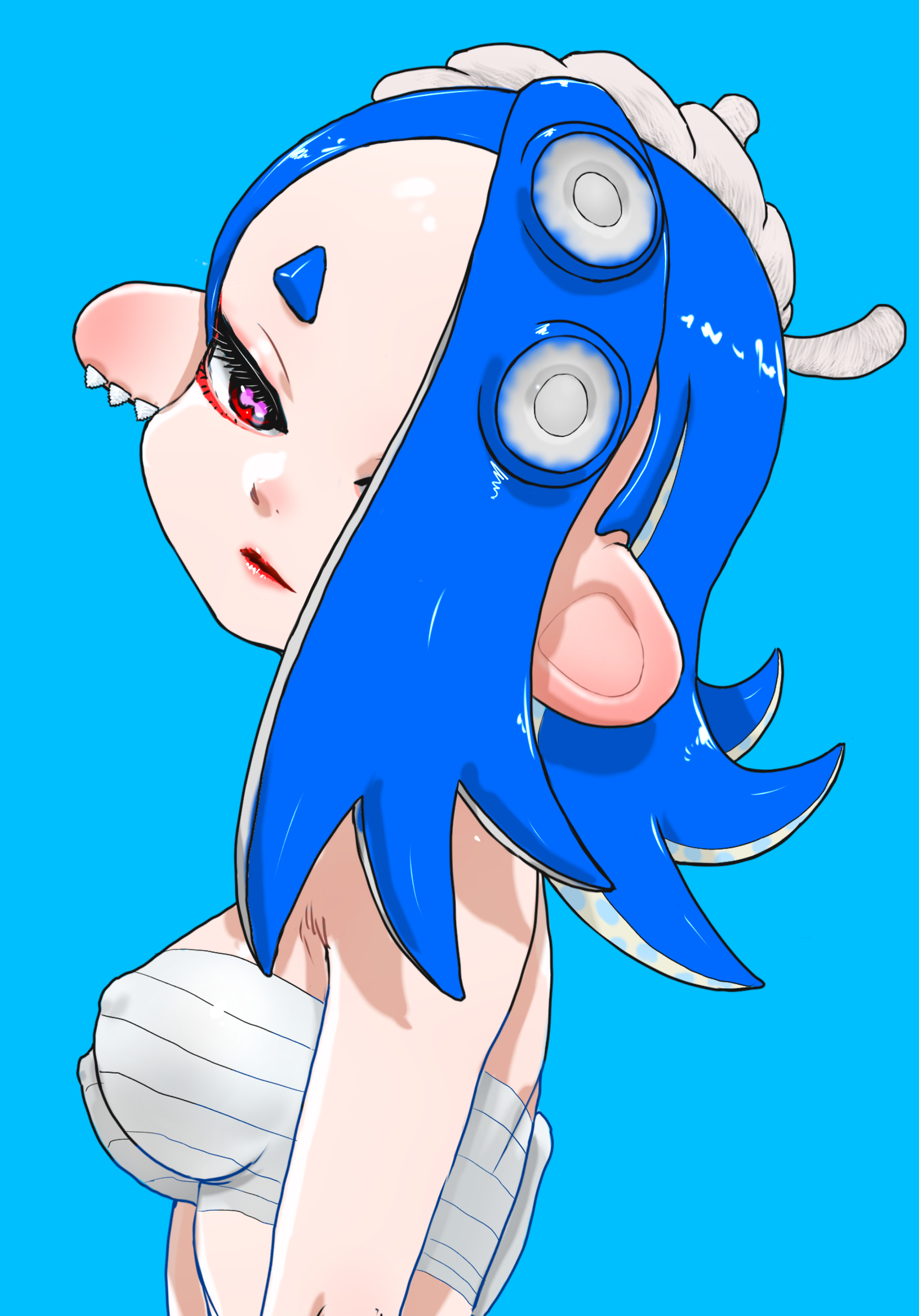 koharu2.5, shiver (deep cut outfit) (splatoon), shiver (splatoon), nintendo, splatoon (series), splatoon 3, commentary request, highres, 1girl, blue background, blue hair, breasts, cephalopod eyes, chest sarashi, earrings, eyelashes, hair over one eye, hairband, head tilt, jewelry, long hair, medium breasts, multiple earrings, octoling, open mouth, red eyes, red pupils, sarashi, short eyebrows, simple background, solo, tentacle hair, thick eyebrows, tooth earrings, upper body, white hairband