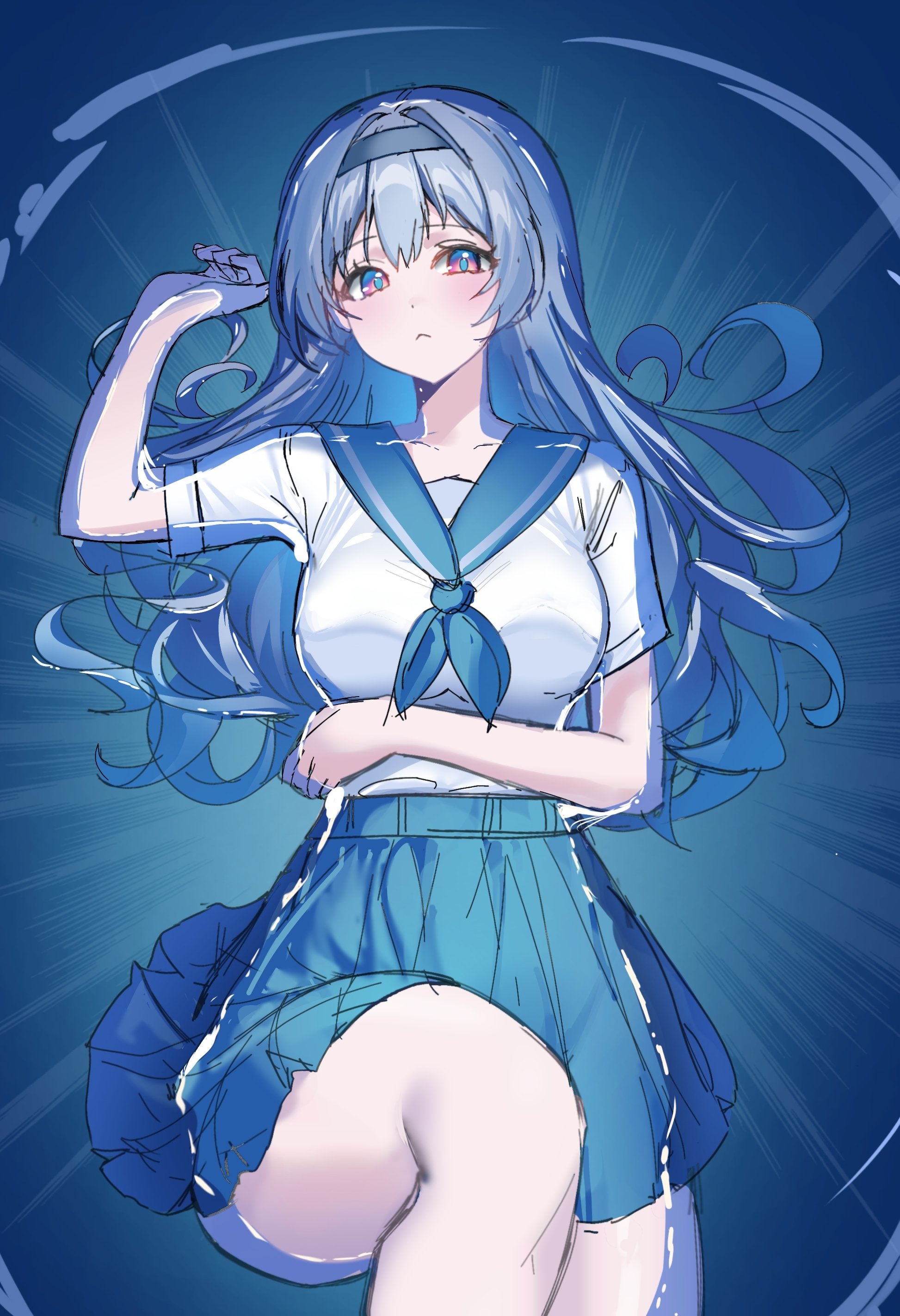devl ga aru, firefly (honkai: star rail), honkai: star rail, honkai (series), absurdres, highres, 1girl, afloat, aqua neckerchief, aqua sailor collar, aqua skirt, black hairband, blush, closed mouth, gradient eyes, green pupils, grey hair, hair between eyes, hair intakes, hair ornament, hairband, in water, leg up, long hair, multicolored eyes, neckerchief, pleated skirt, sailor collar, skirt