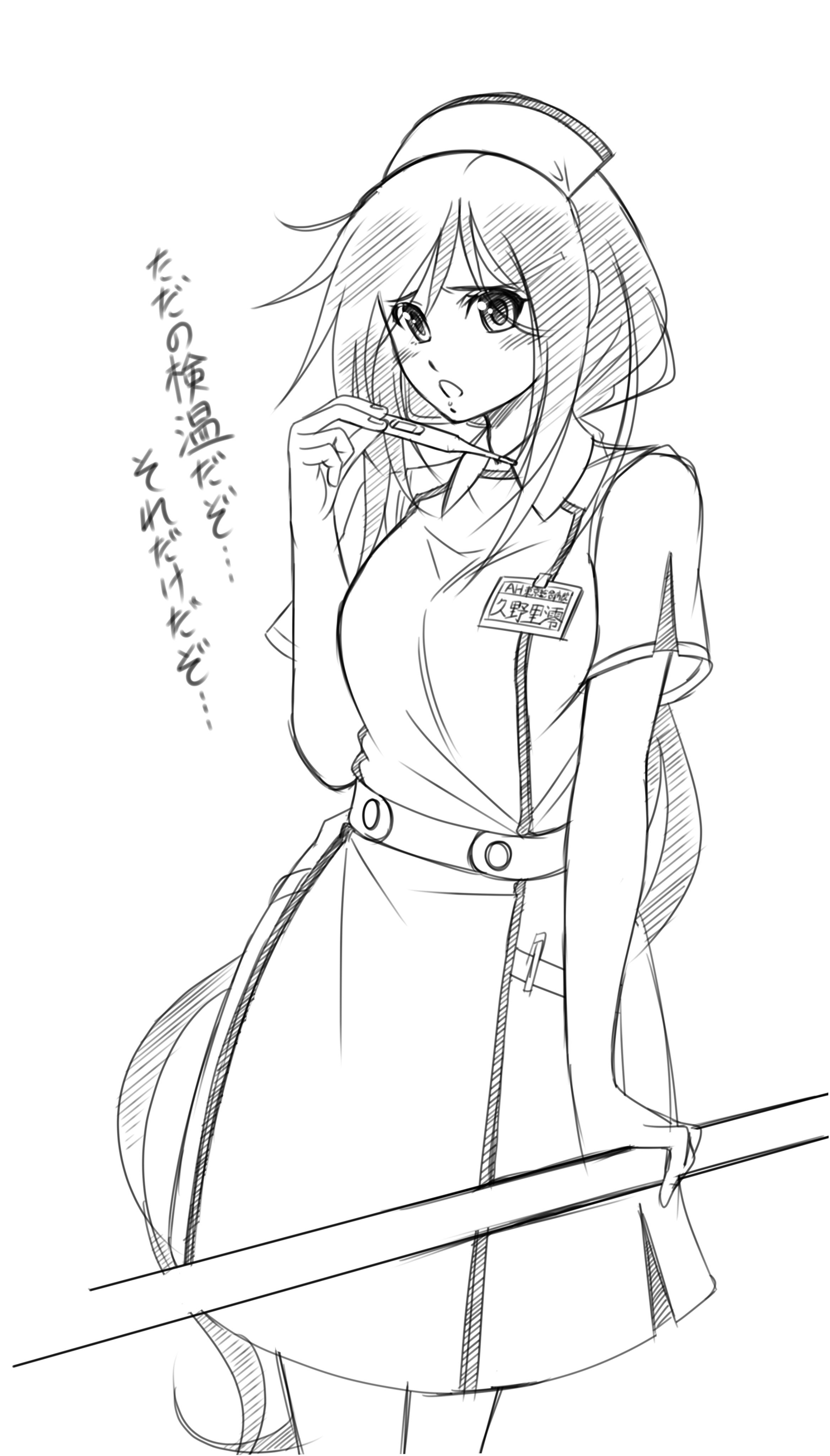 eibon, kunosato mio, chaos;child, science adventure, absurdres, highres, translation request, 1girl, :o, apron, badge, blush, breasts, dress, embarrassed, greyscale, hat, holding, holding thermometer, long hair, looking at viewer, messy hair, monochrome, nurse, nurse cap, open mouth, ponytail, short sleeves, simple background, solo, thermometer, very long hair, white background